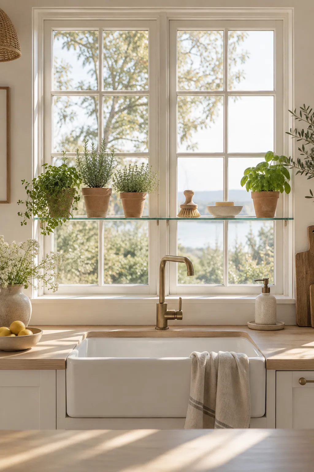 Clear glass floating shelf mounted across a kitchen window holding small potted herbs.