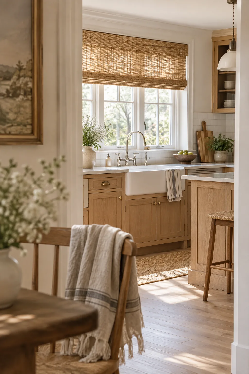 Bamboo woven wood shade hung above a kitchen window over a stainless steel sink.