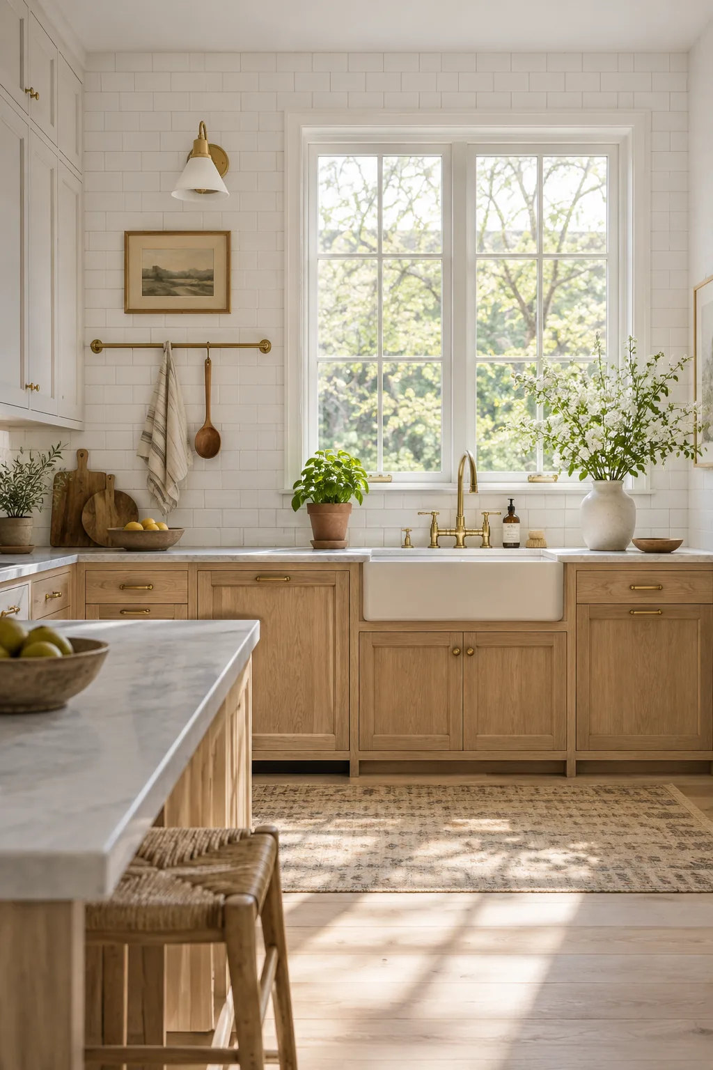 Kitchen sink window with no upper cabinets nearby and a brass gallery rail on the wall.
