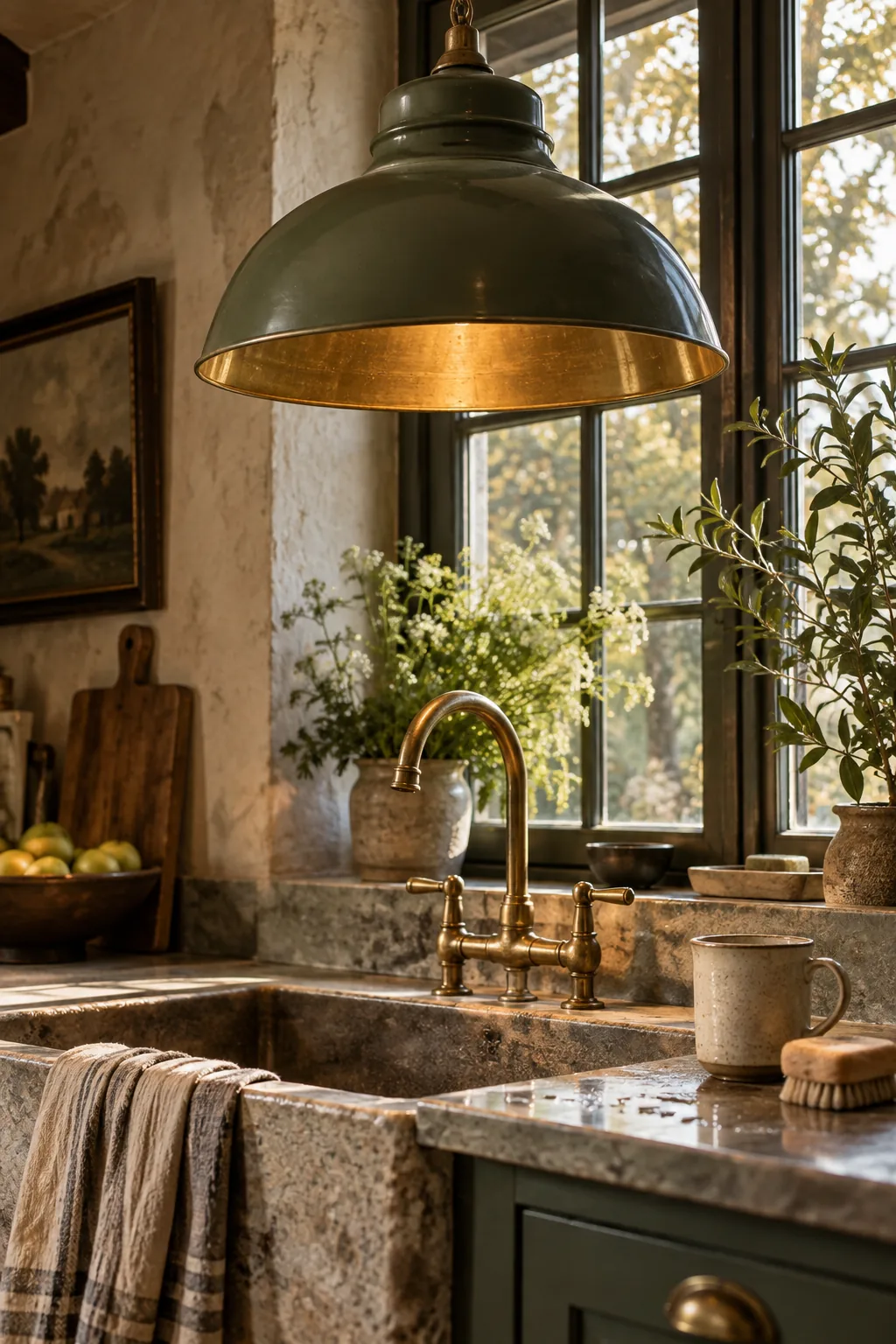 Large black dome pendant light hanging above a kitchen sink window.