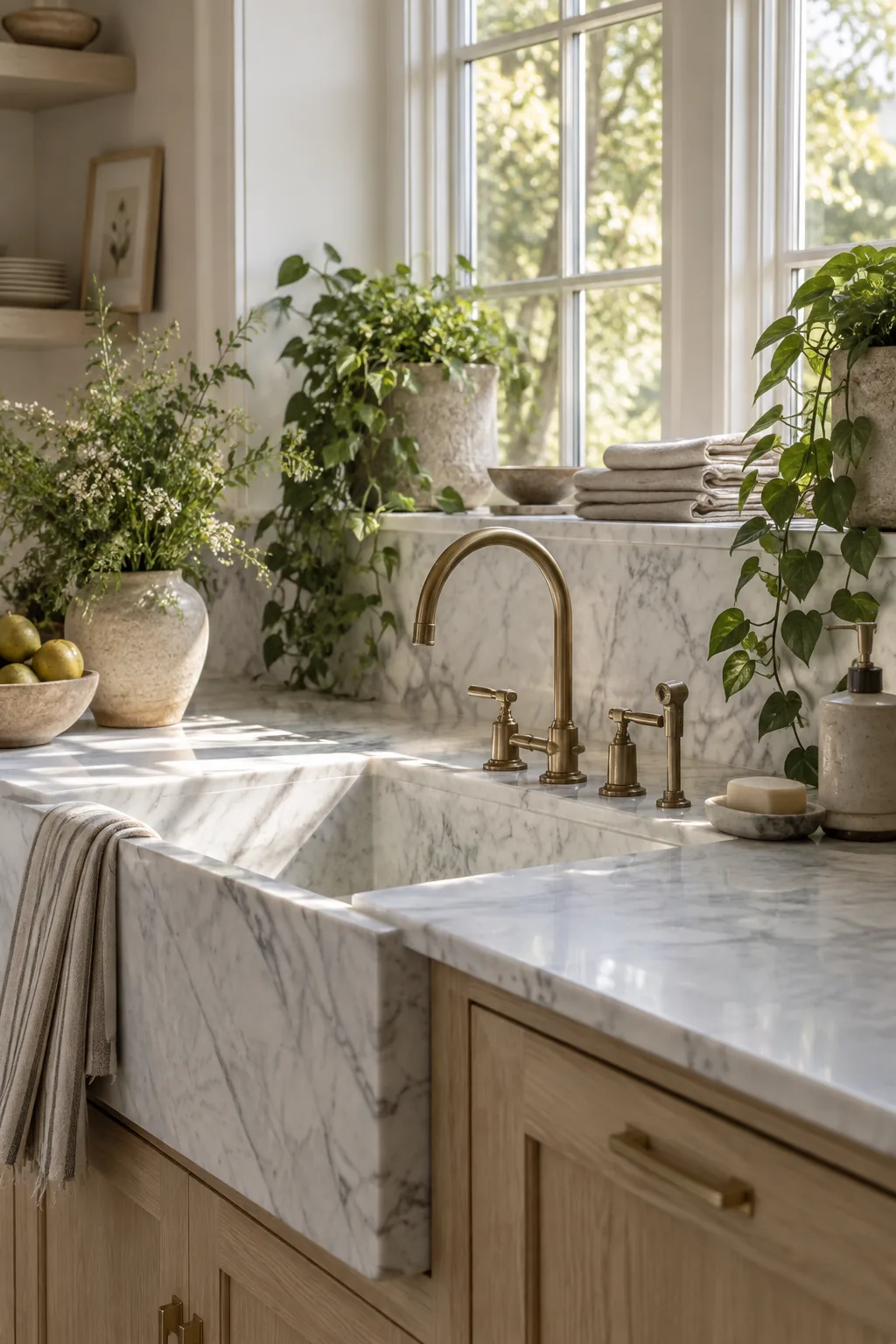 Deep marble window ledge behind a kitchen sink holding heavy ceramic planters.