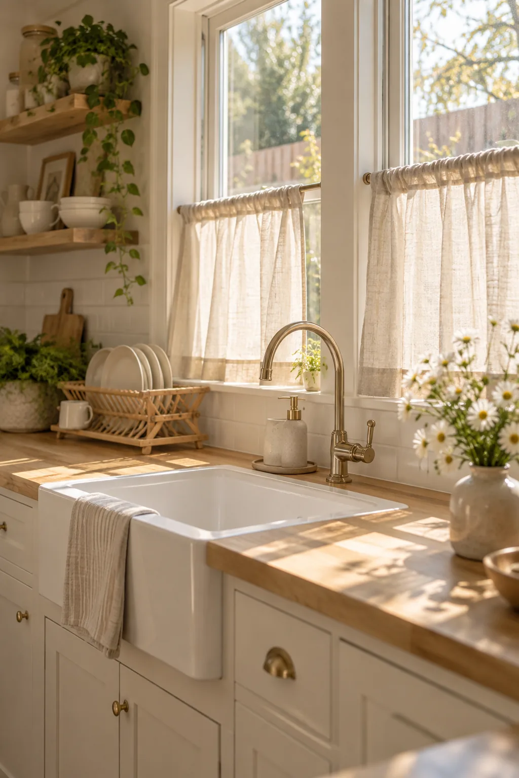 White linen cafe curtain hanging on a tension rod across the bottom half of a sink window.