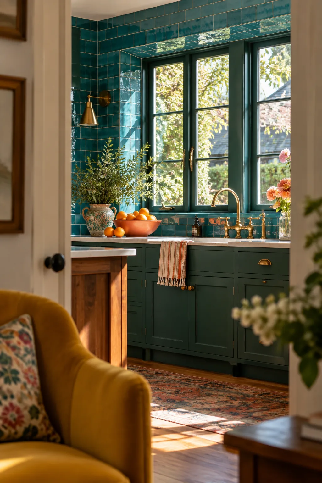 Glossy white zellige tile wrapping completely around the inside of a kitchen window frame.
