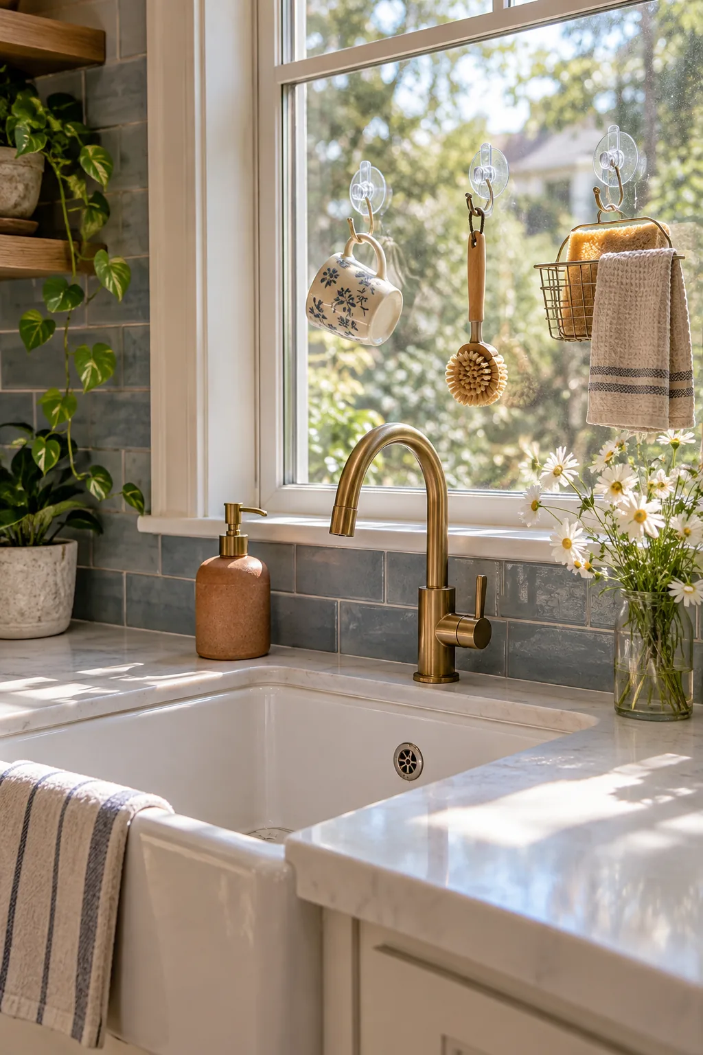 Clear suction cup hooks on a kitchen window holding a wire sponge basket and dish brush.