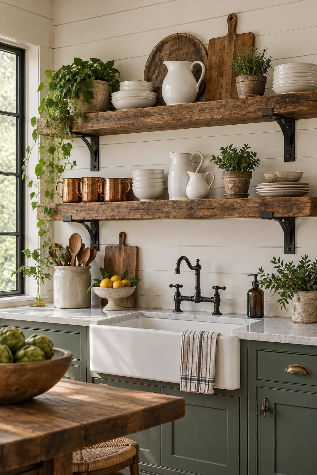 Reclaimed wood floating shelves with iron brackets on a white shiplap wall, styled with copper mugs.
