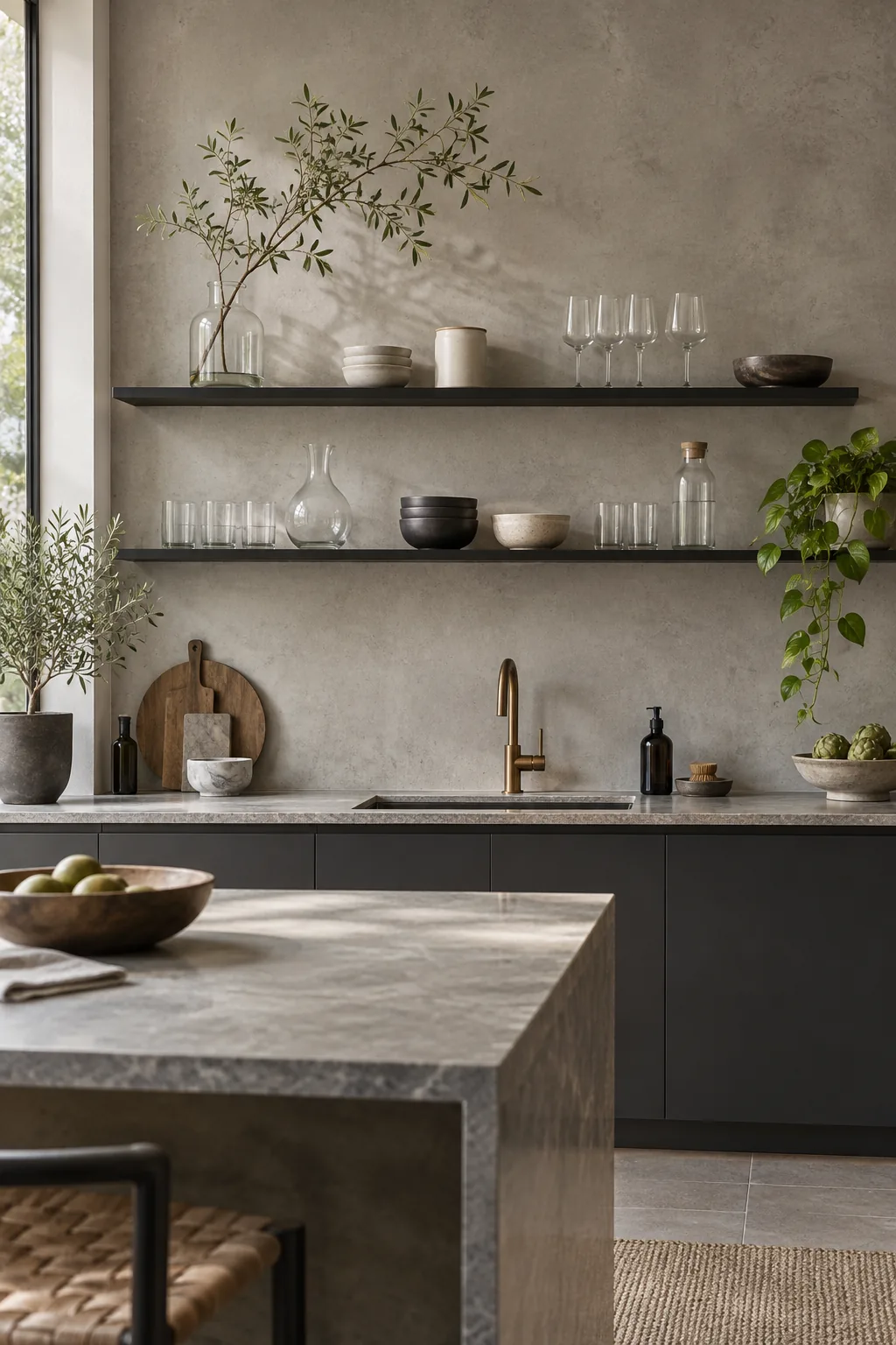 Slim matte black metal floating shelves on a concrete wall, styled with clear glassware.