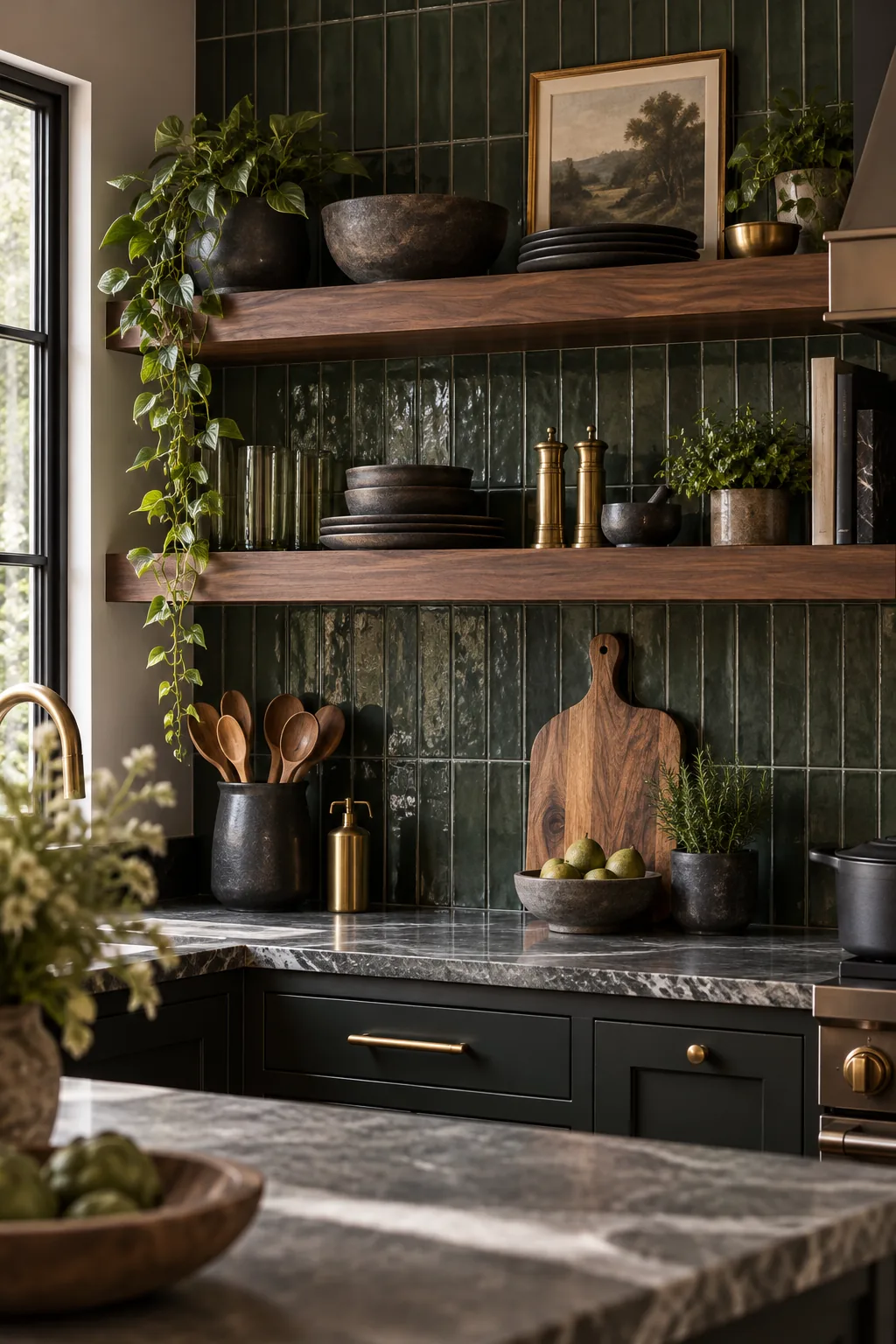 Dark walnut floating shelves against a forest green tile backsplash, styled with brass accents.