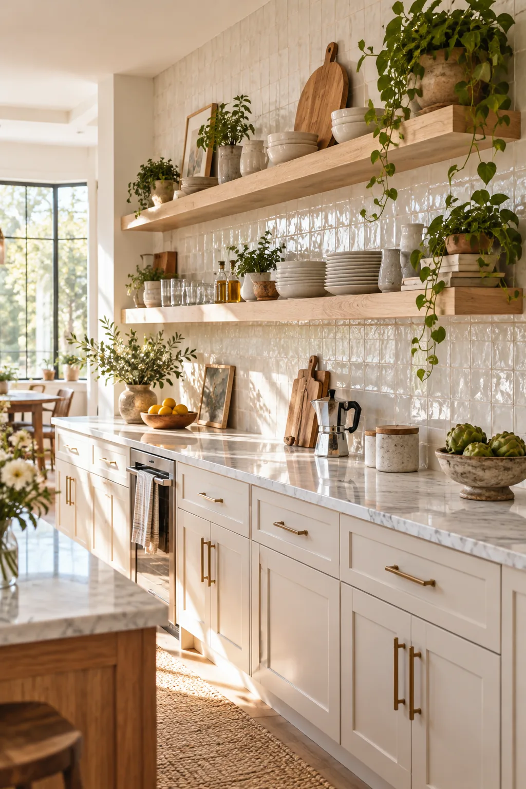 Wide view of a bright kitchen featuring a long span of white oak floating shelves against a white tiled wall.