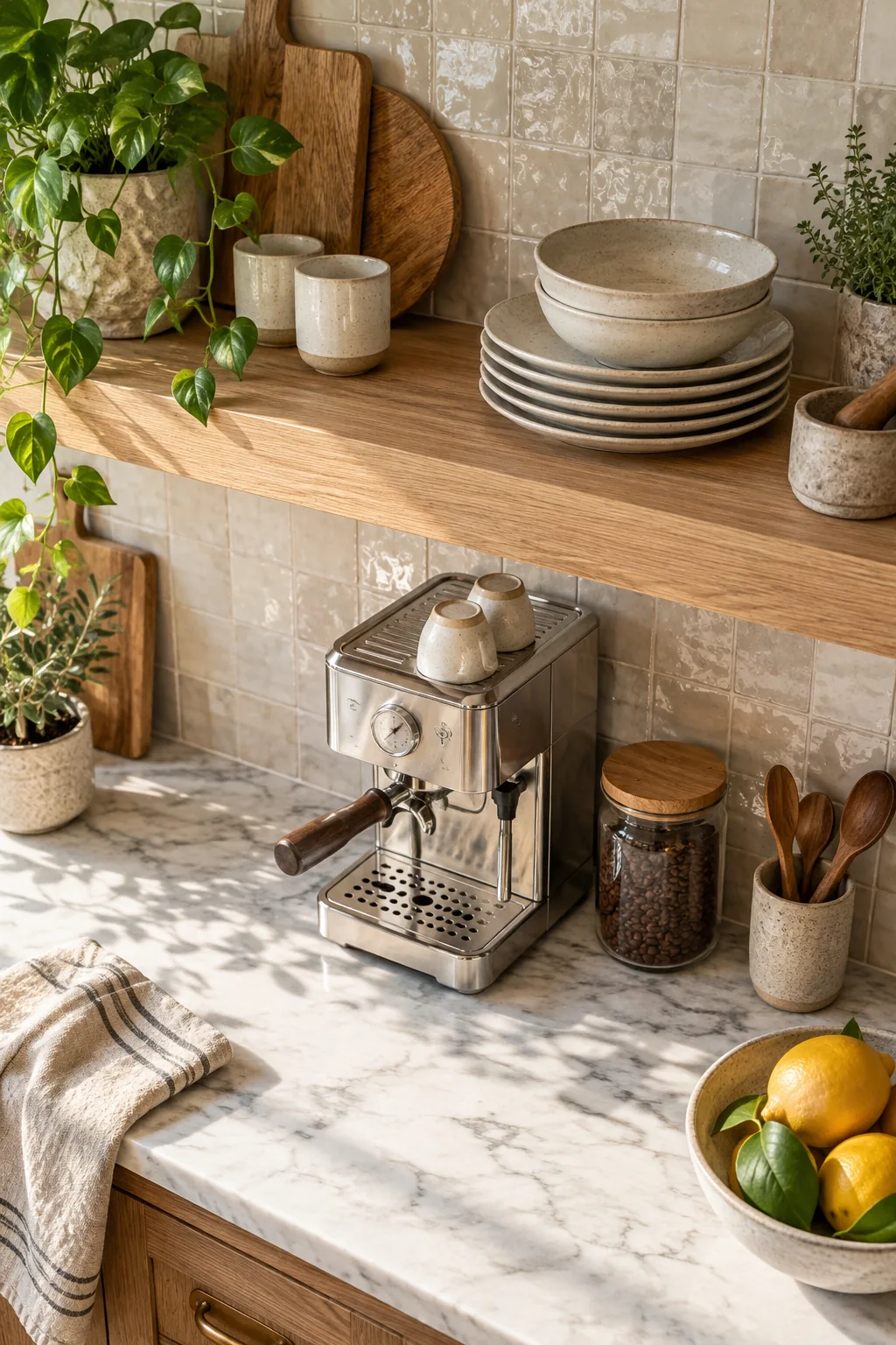 Straight-on view showing the space between a marble kitchen counter and the first floating shelf, with an espresso maker underneath.