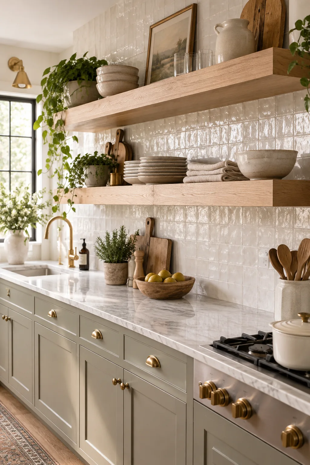 Close-up of a white oak shelf sitting perfectly flush against a textured white tile backsplash with no visible brackets.
