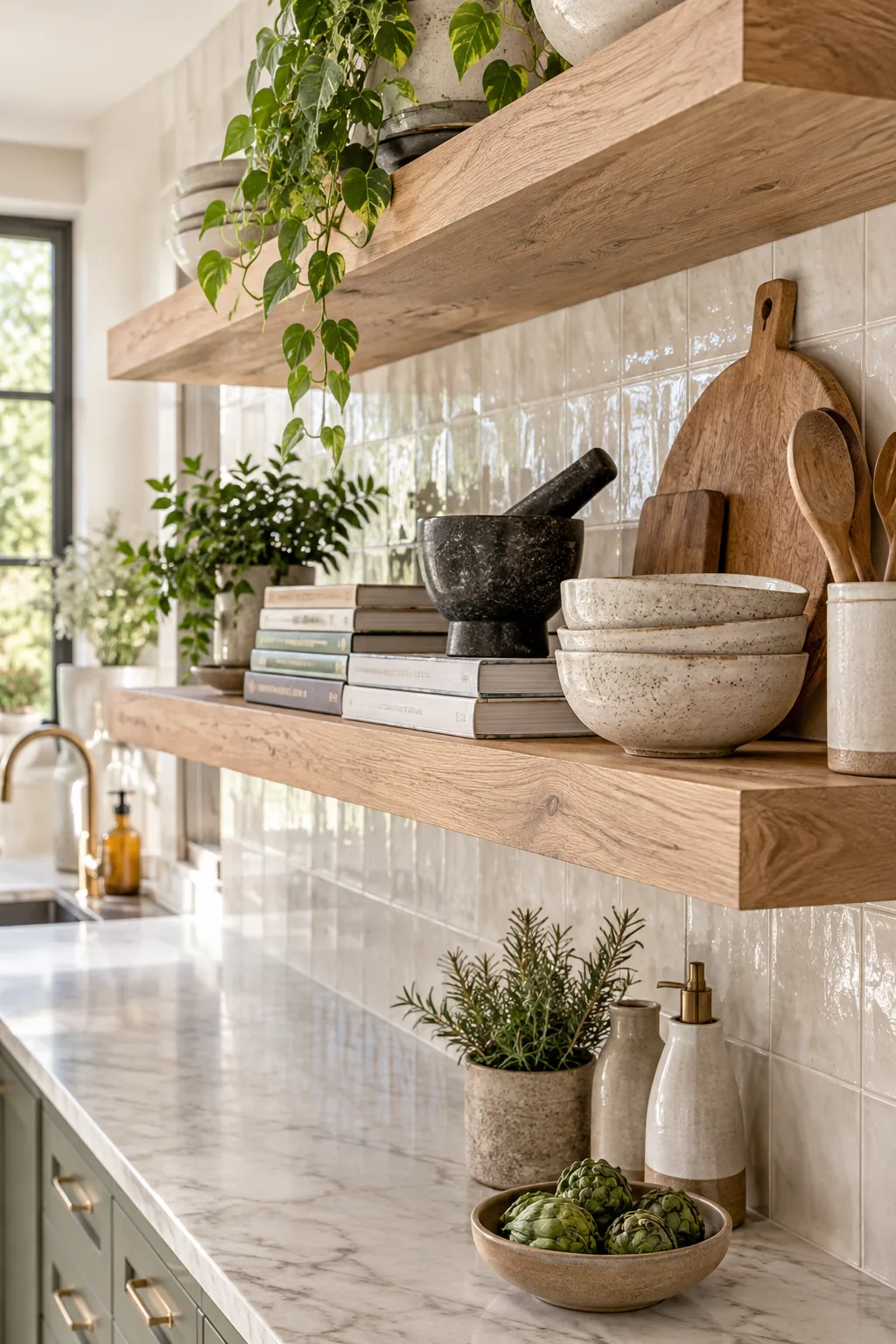 Angled view highlighting the thick, natural wood grain edge of a 2-inch white oak floating shelf.