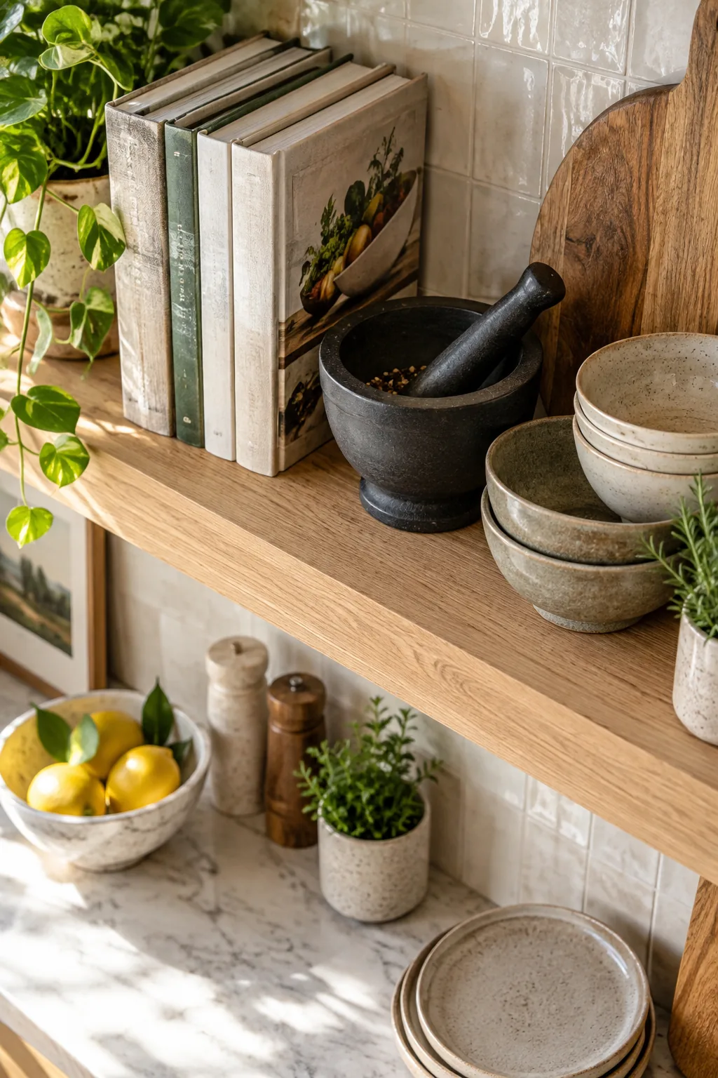 Overhead view of a styled floating shelf holding heavy cookbooks, a mortar and pestle, and ceramic bowls.