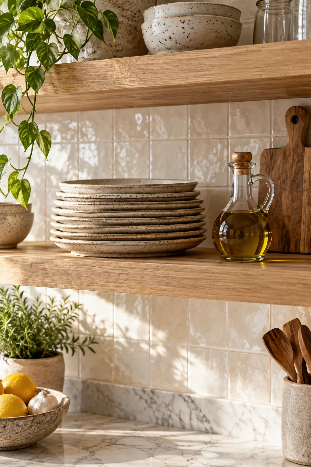 Low-angle view showing a recessed LED light strip glowing warmly from the underside of a floating wood shelf.