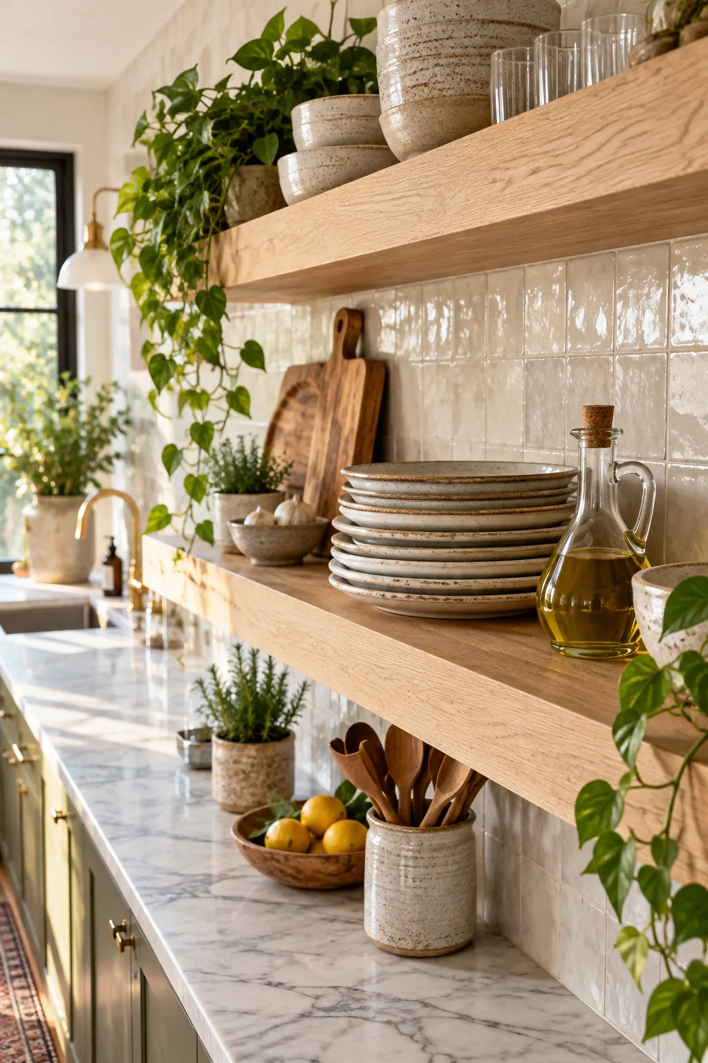 Eye-level view of a heavy stack of rustic ceramic dinner plates resting on a thick wood floating shelf.
