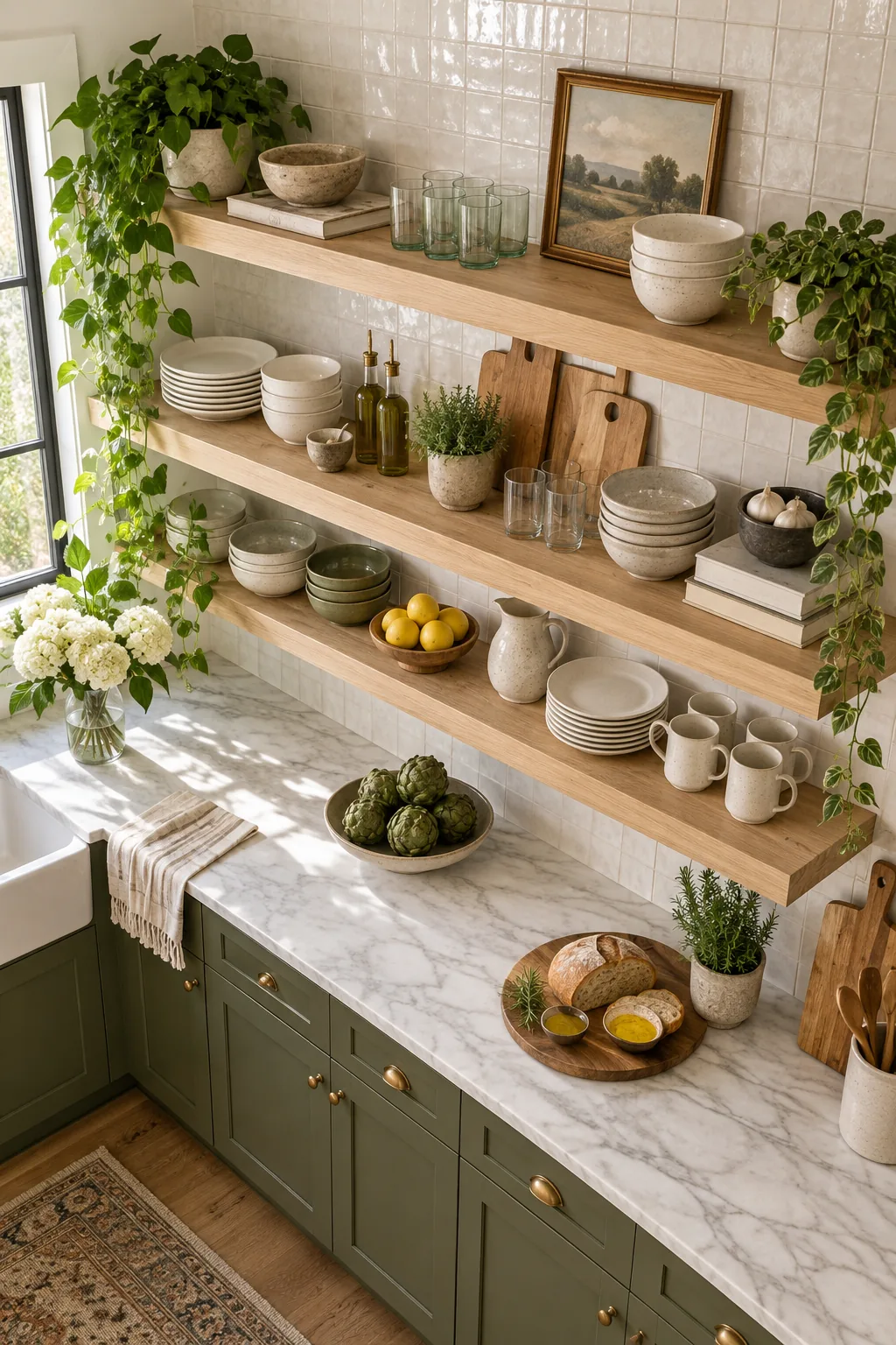 Elevated view of perfectly organized kitchen floating shelves adorned with plants, cutting boards, and dishes.