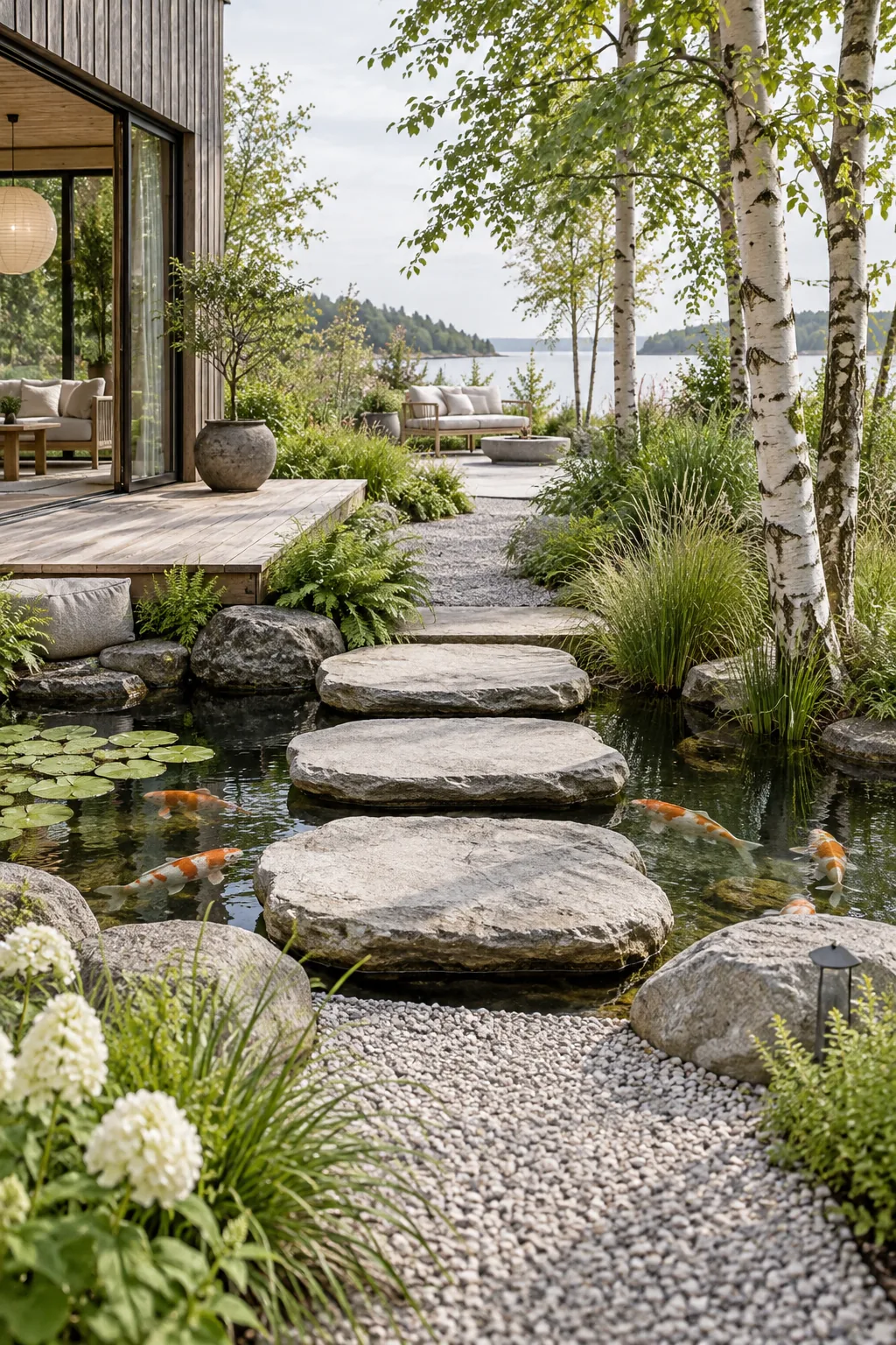 Large rectangular stepping stones placed across a calm koi pond