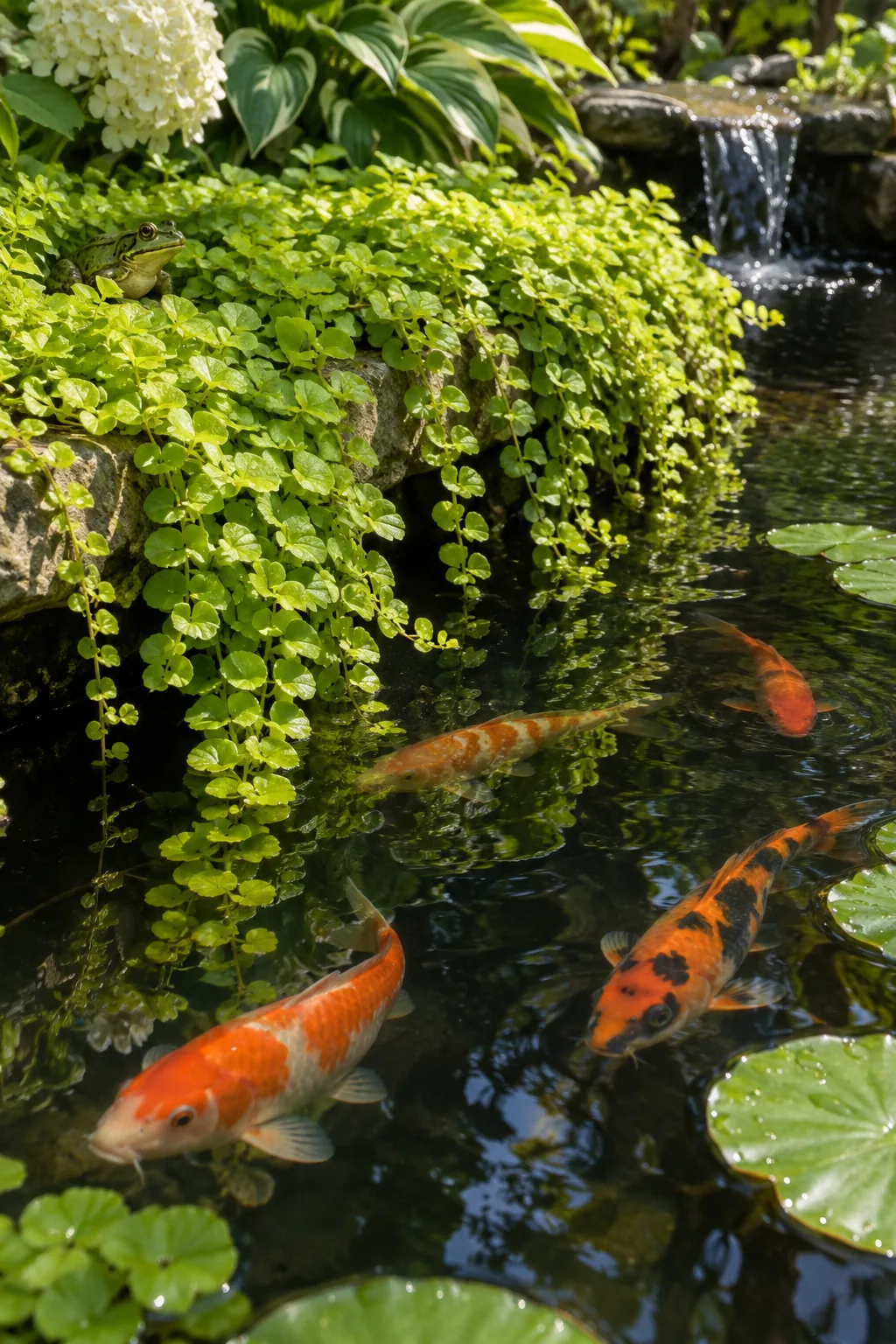 Bright green creeping jenny plants draping over rocks into a pond
