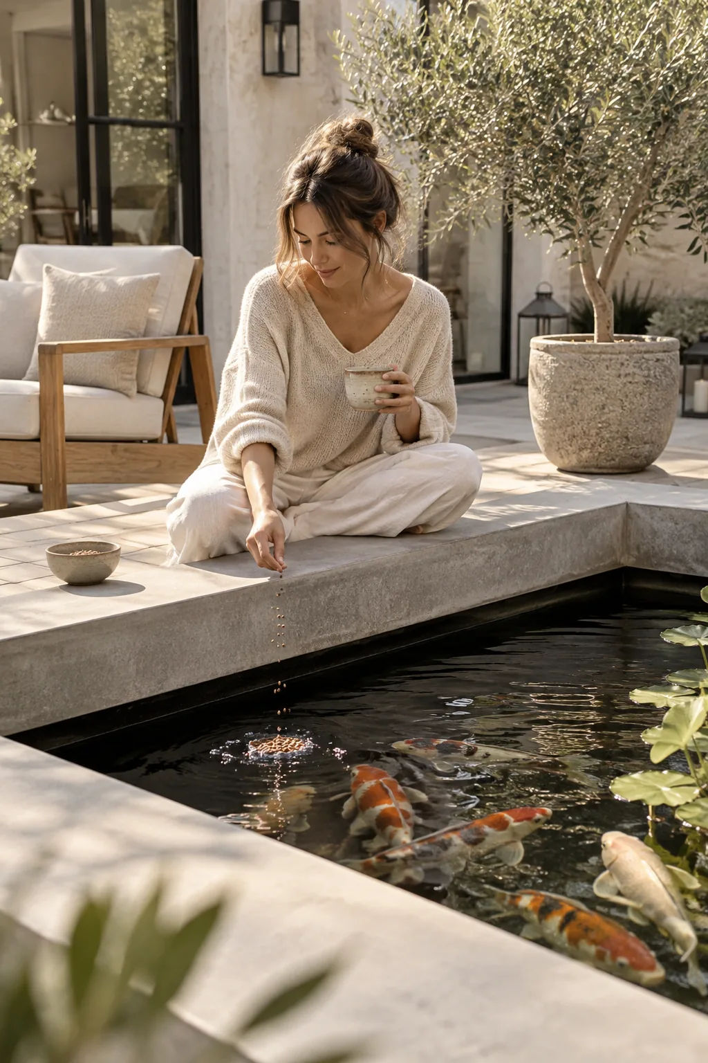 A modern raised concrete koi pond on a patio