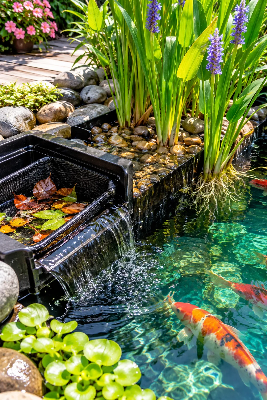 A clear koi pond with a lush planted bog filter area