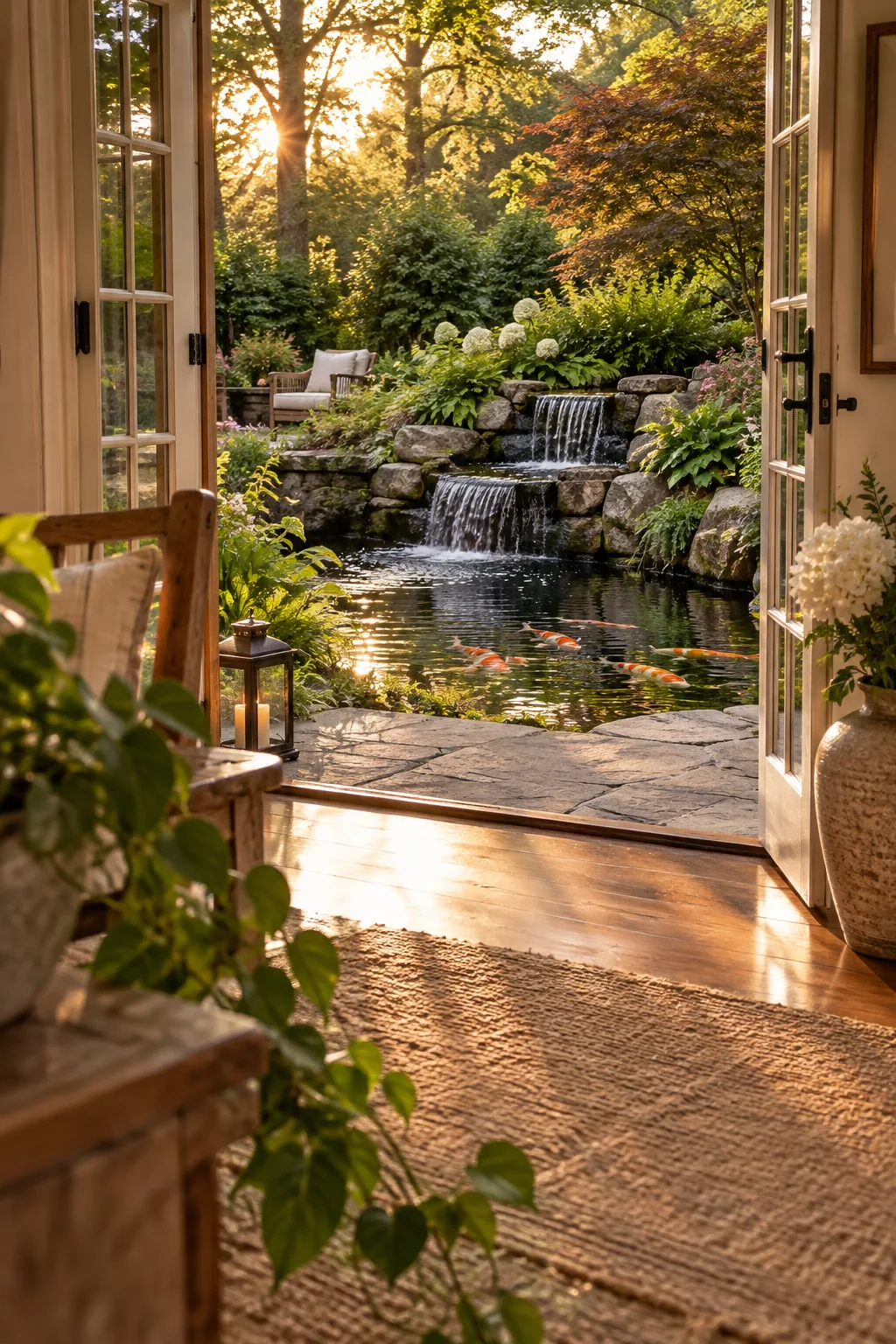 A small rock waterfall flowing into a backyard koi pond