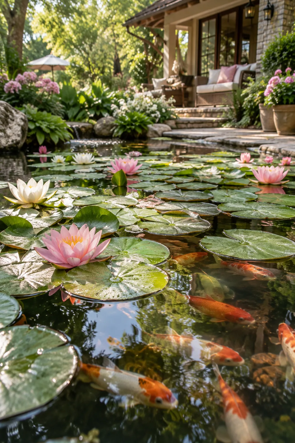 Pink and white water lilies floating on a koi pond