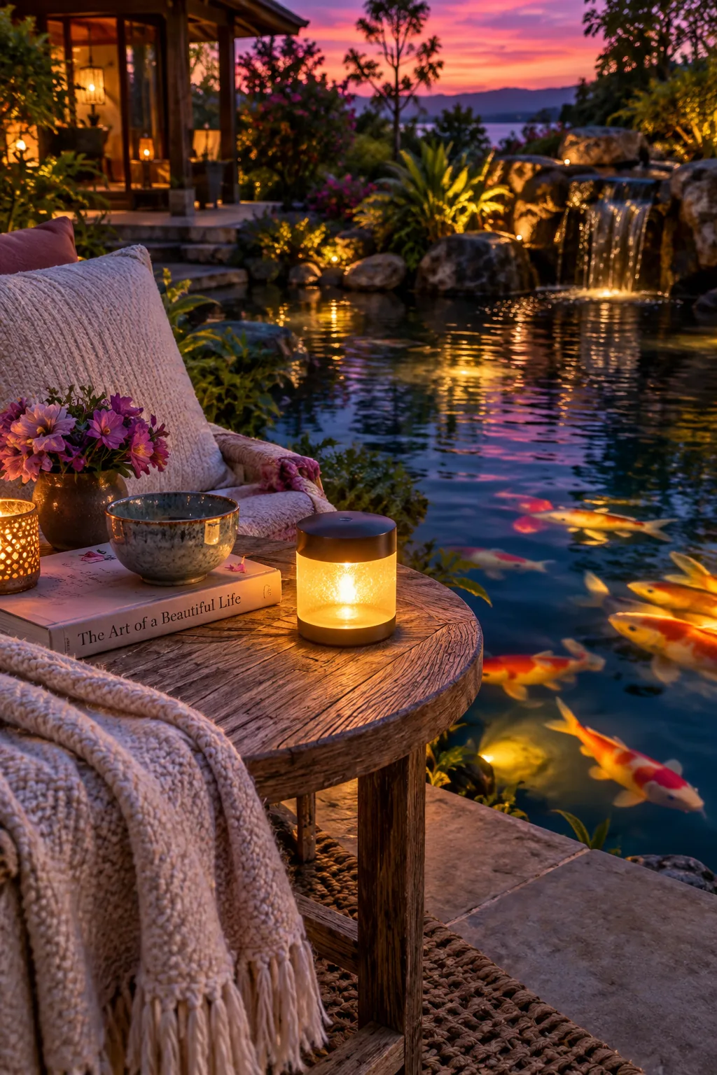 A koi pond glowing at night from underwater LED lights