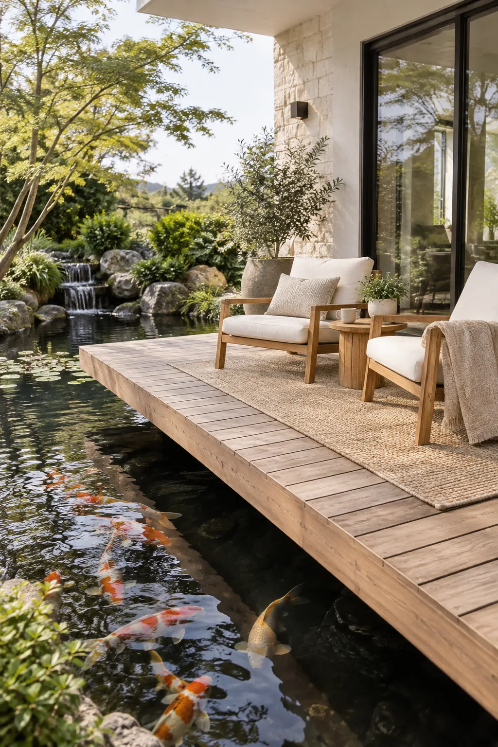 A wooden viewing deck extending over the edge of a koi pond