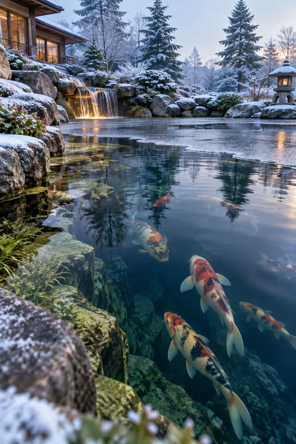 A deep koi pond under construction showing varying shelf depths