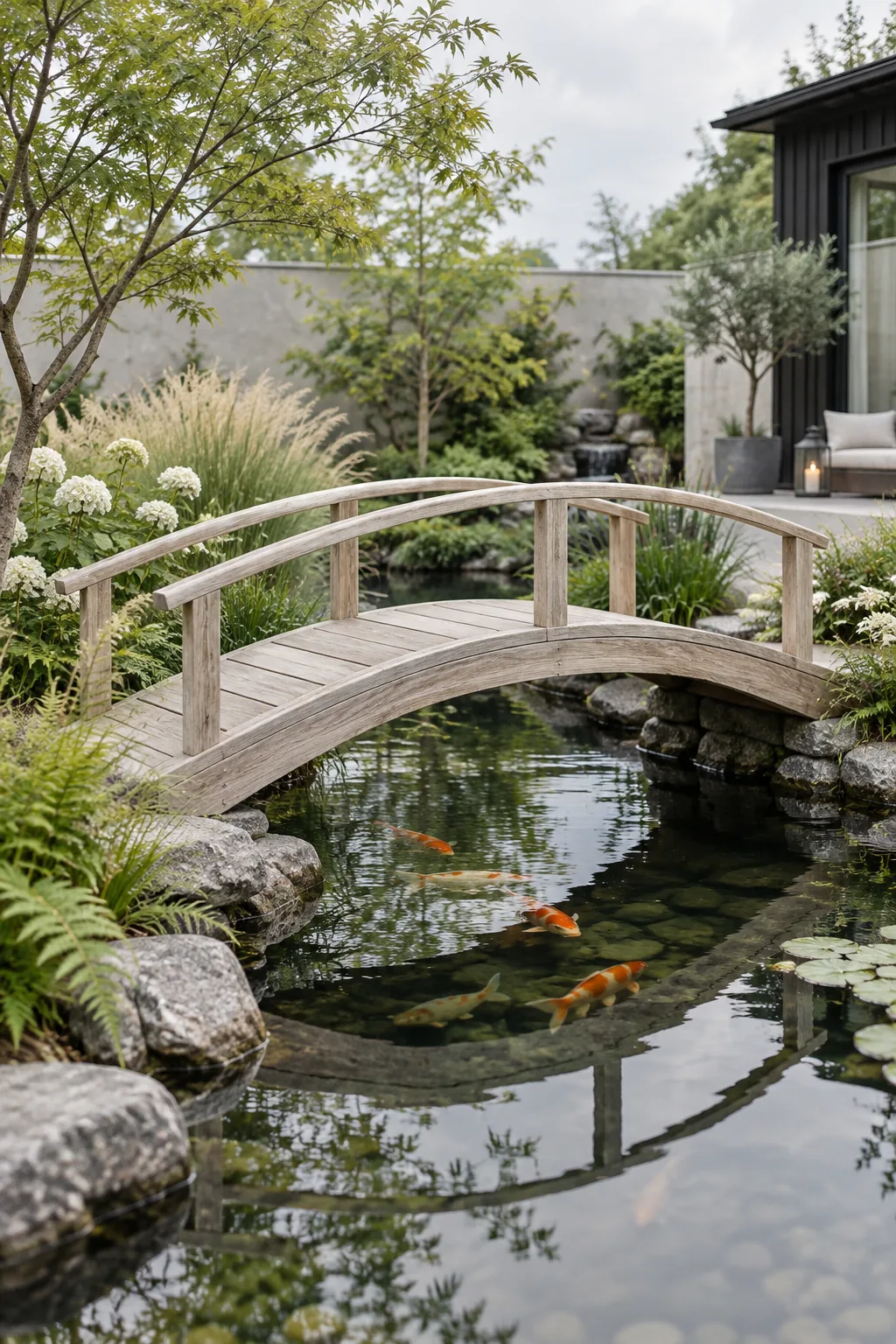 A small arched wooden bridge crossing over a koi pond