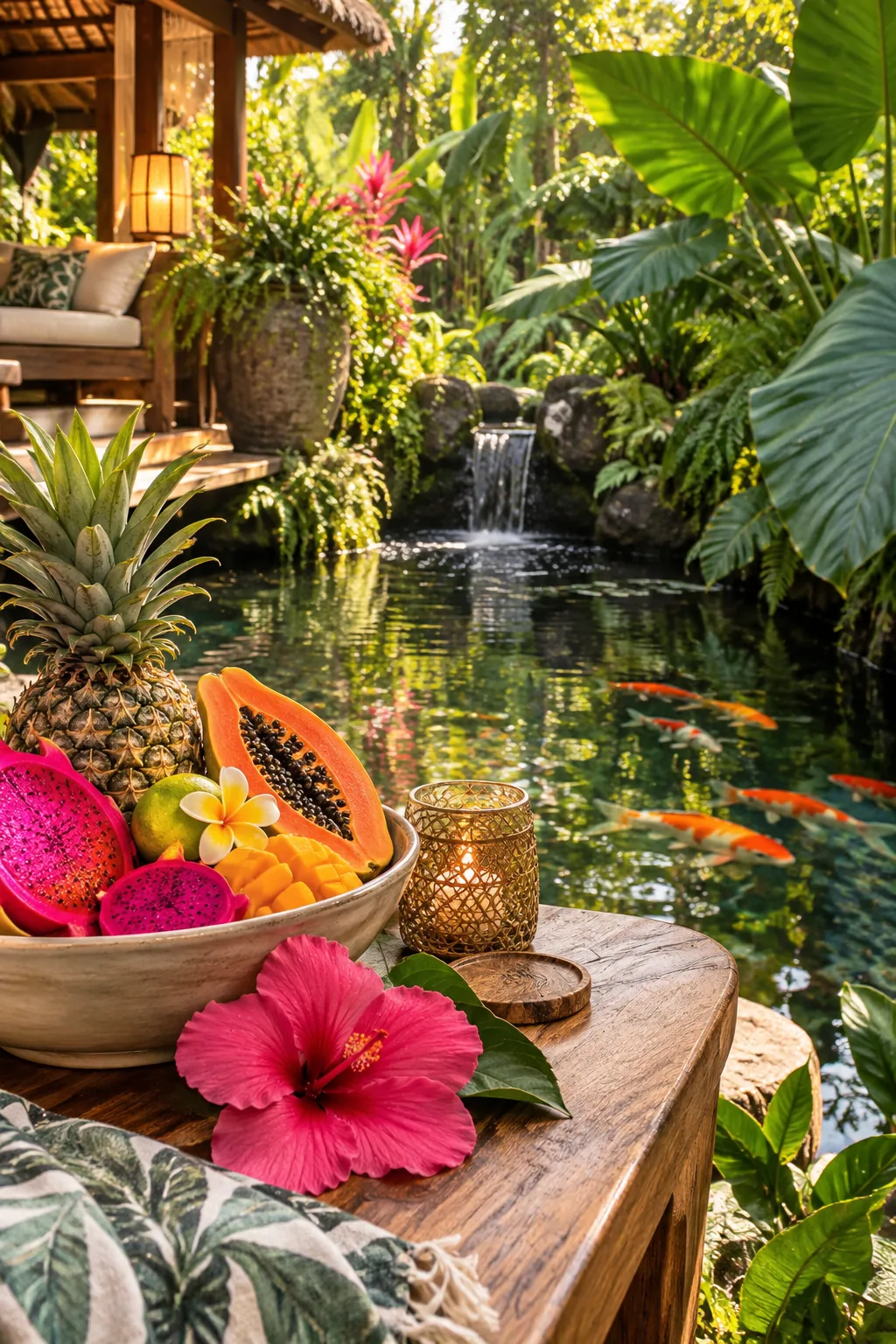A koi pond surrounded by tall tropical plants and elephant ears