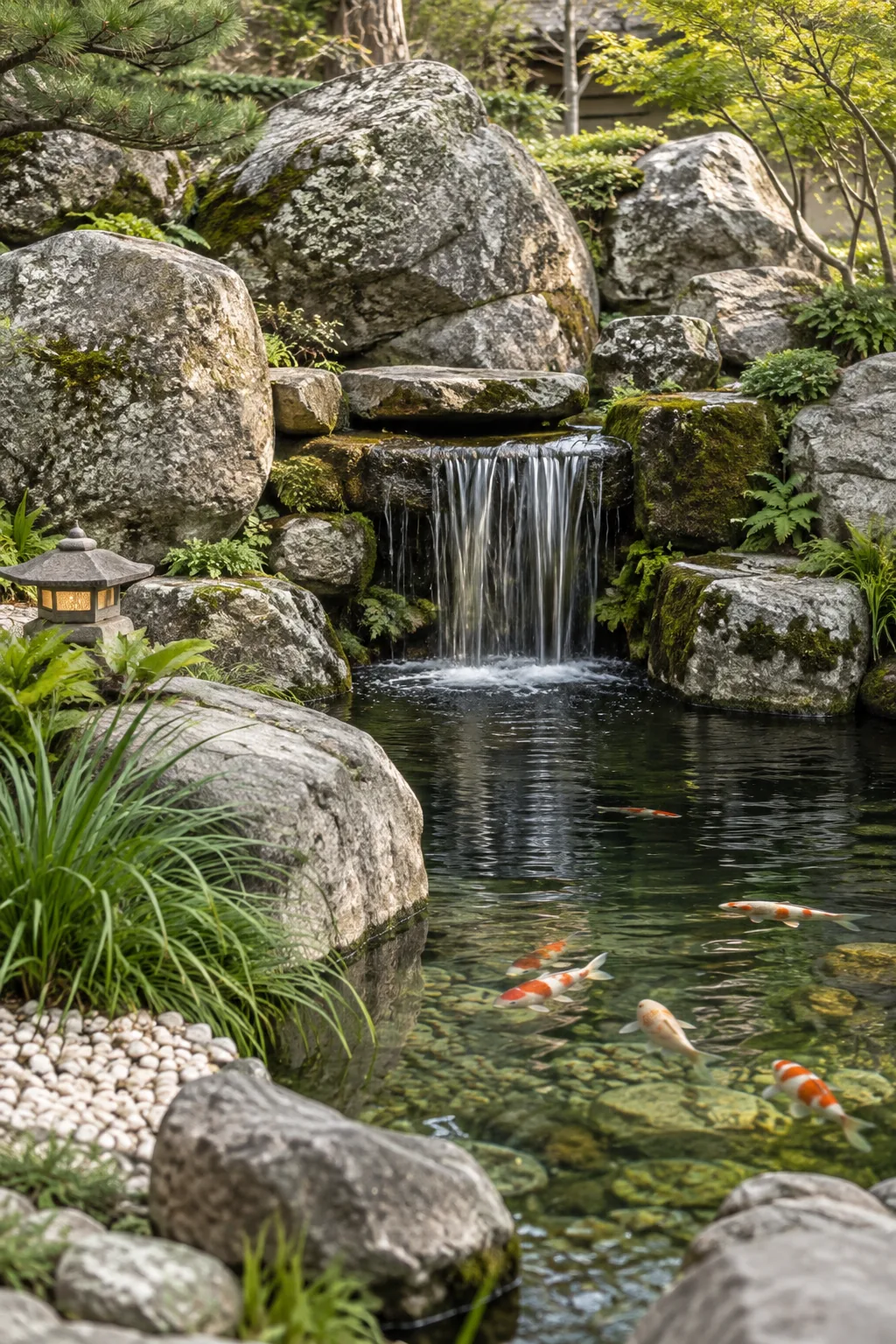 Large weathered boulders lining the edge of a garden pond