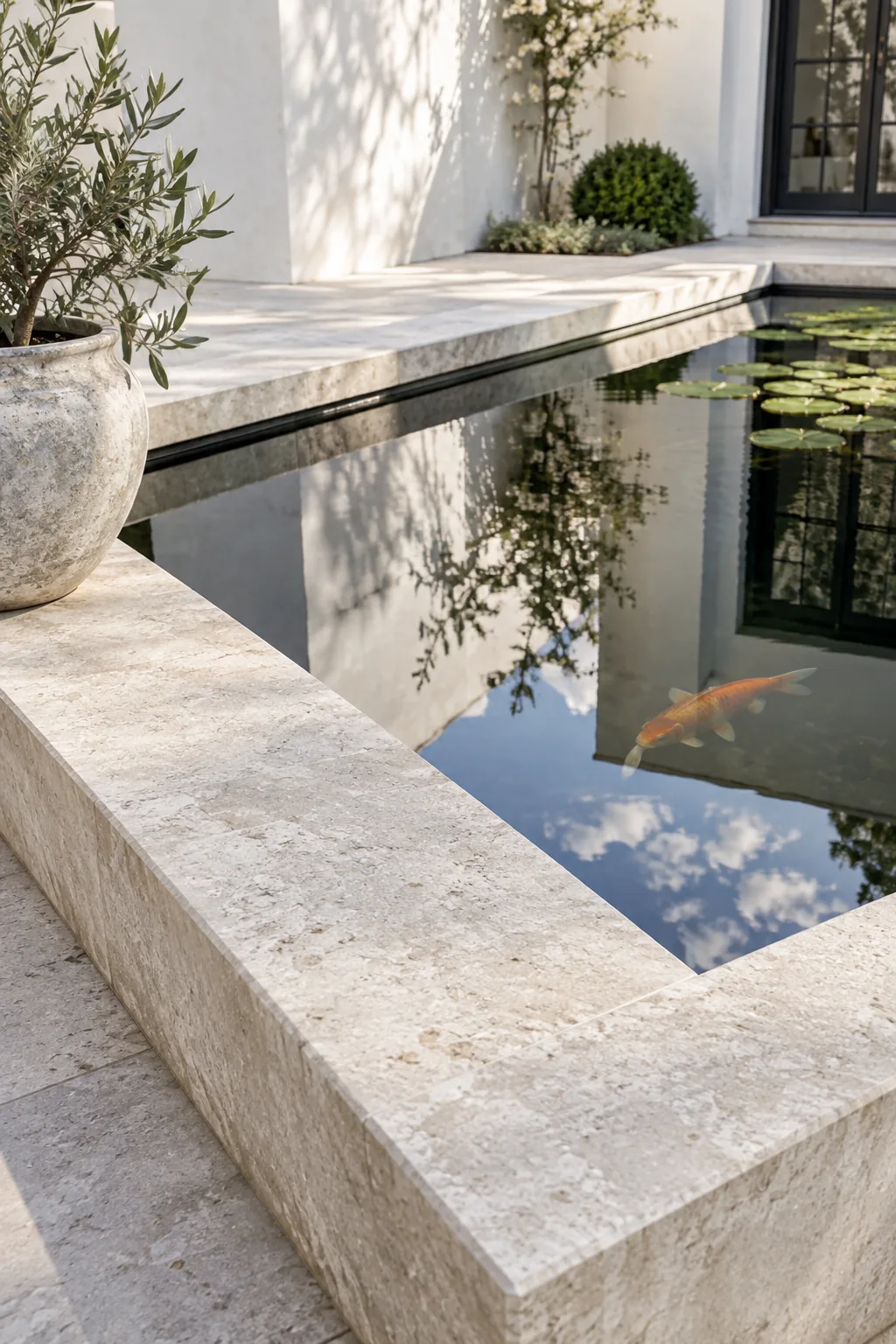 A rectangular koi pond with smooth coping stones in a courtyard