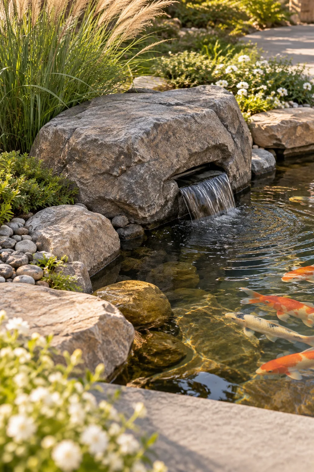 A realistic faux rock hiding a pond skimmer box