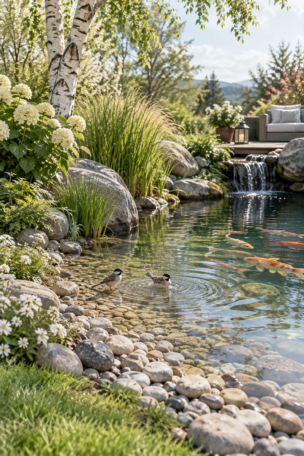 A gentle sloping edge of a pond lined with smooth river pebbles