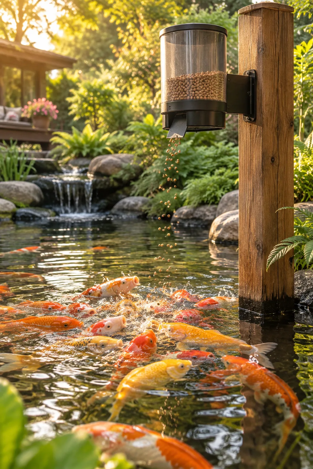 An automatic fish feeder mounted on a post over a pond