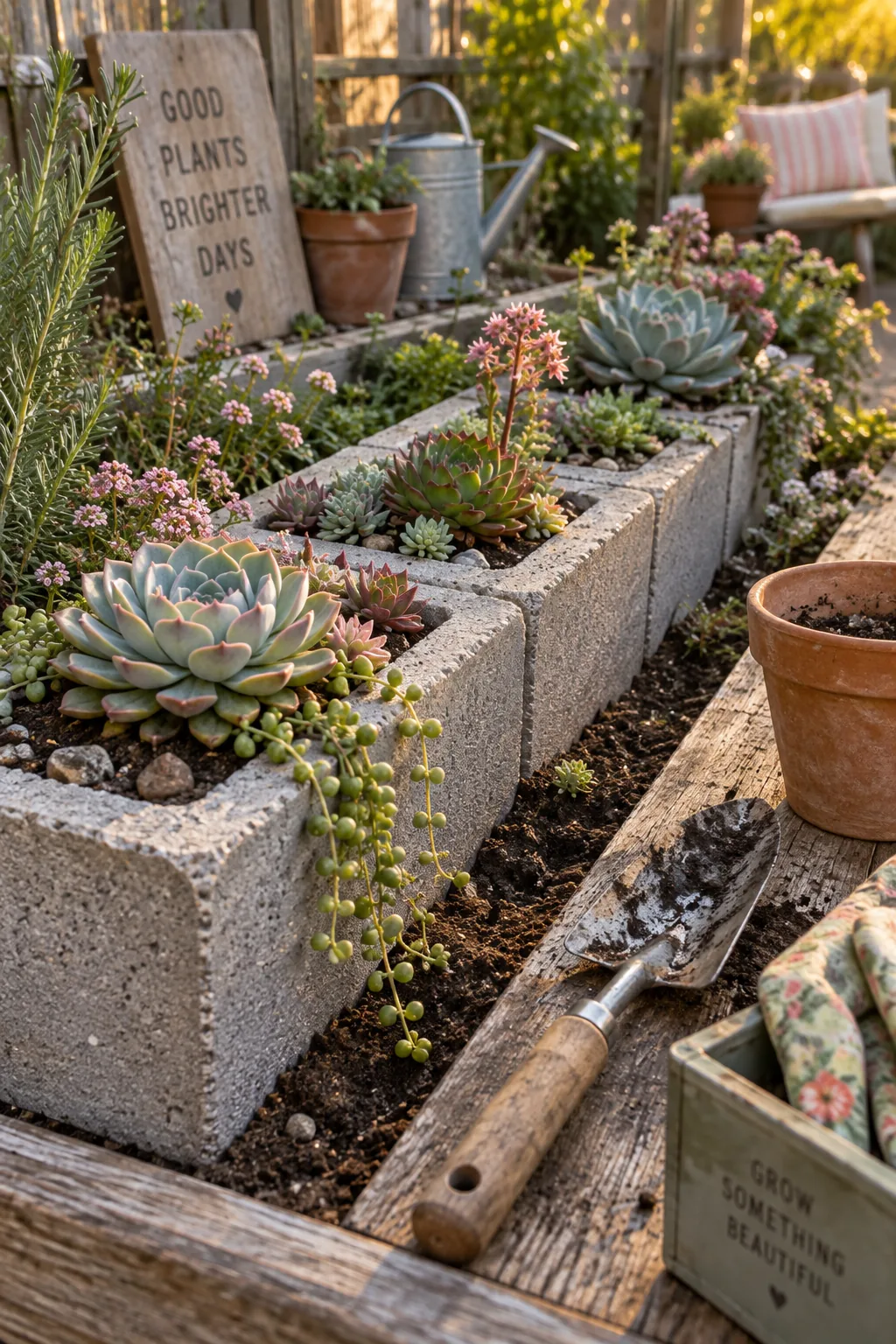 Painted cinder blocks used as a garden border with small succulents planted in the holes