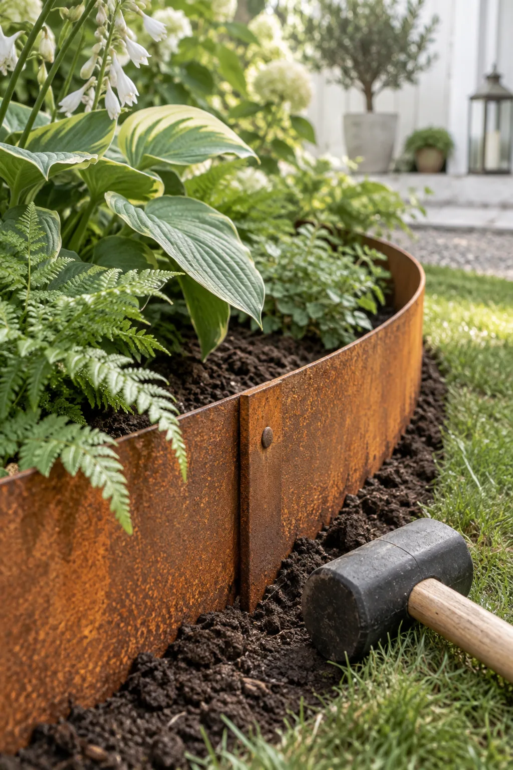 Rusted corten steel edging bent around a curved garden bed