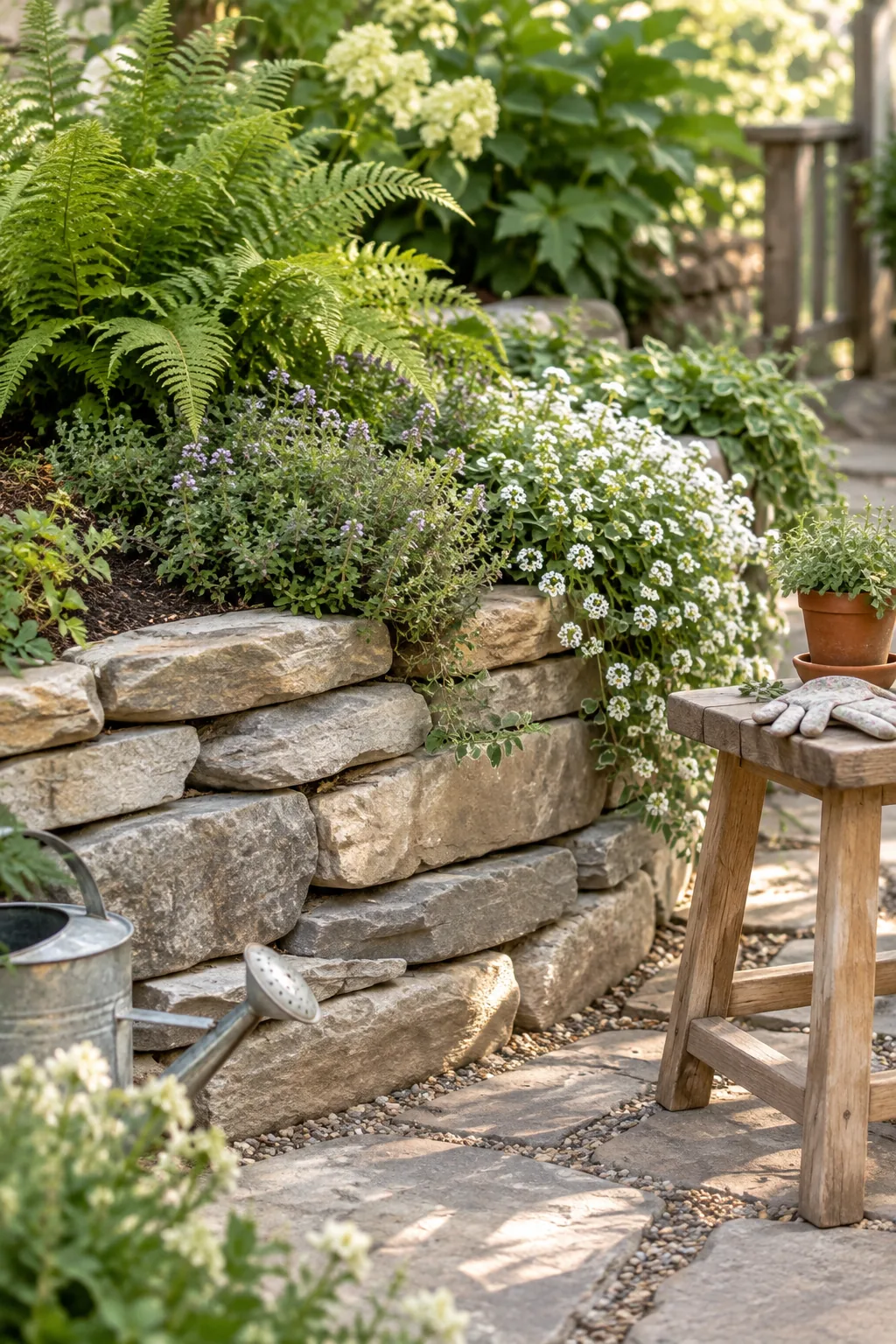 Stacked irregular flagstone pieces forming a low retaining wall around a flower bed