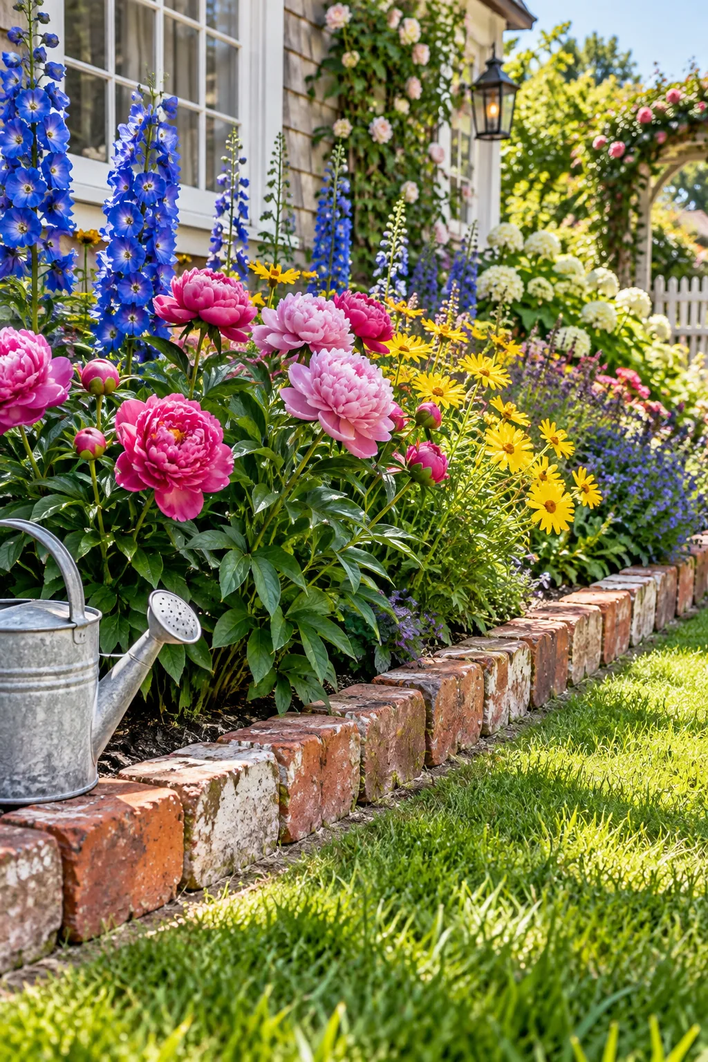 Old red bricks laid end-to-end in a shallow trench next to a lawn