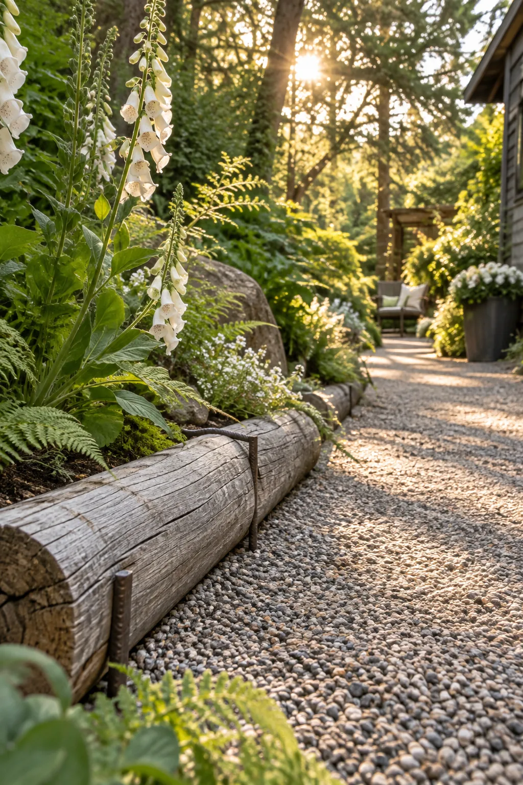 Thick cedar logs laid horizontally to edge a woodland garden path