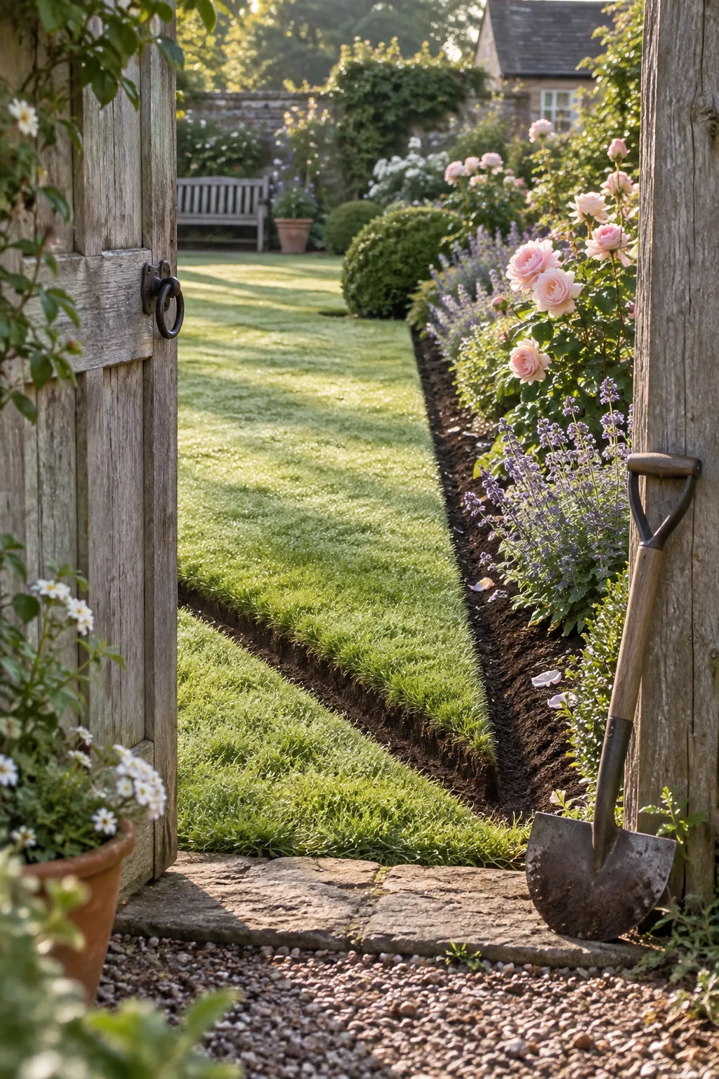 A crisp V-shaped trench dug between a green lawn and a mulched garden bed