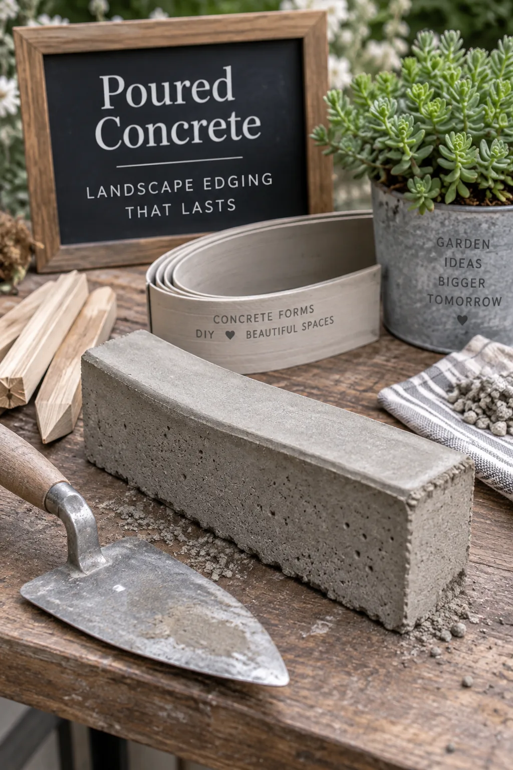 A smooth, flat concrete curb poured between a lawn and a garden bed