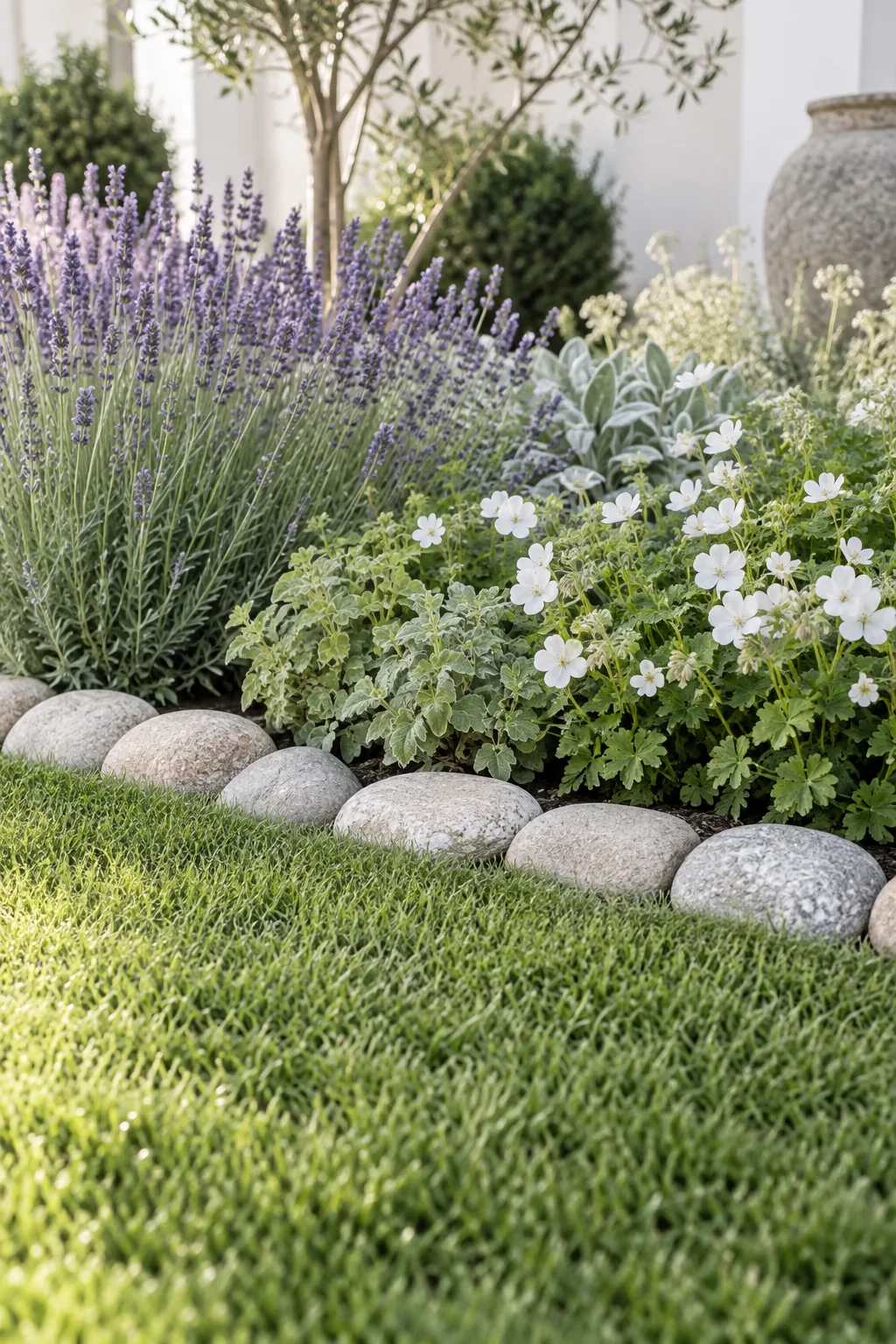 Round cobblestones sunk flush with the grass along a garden bed