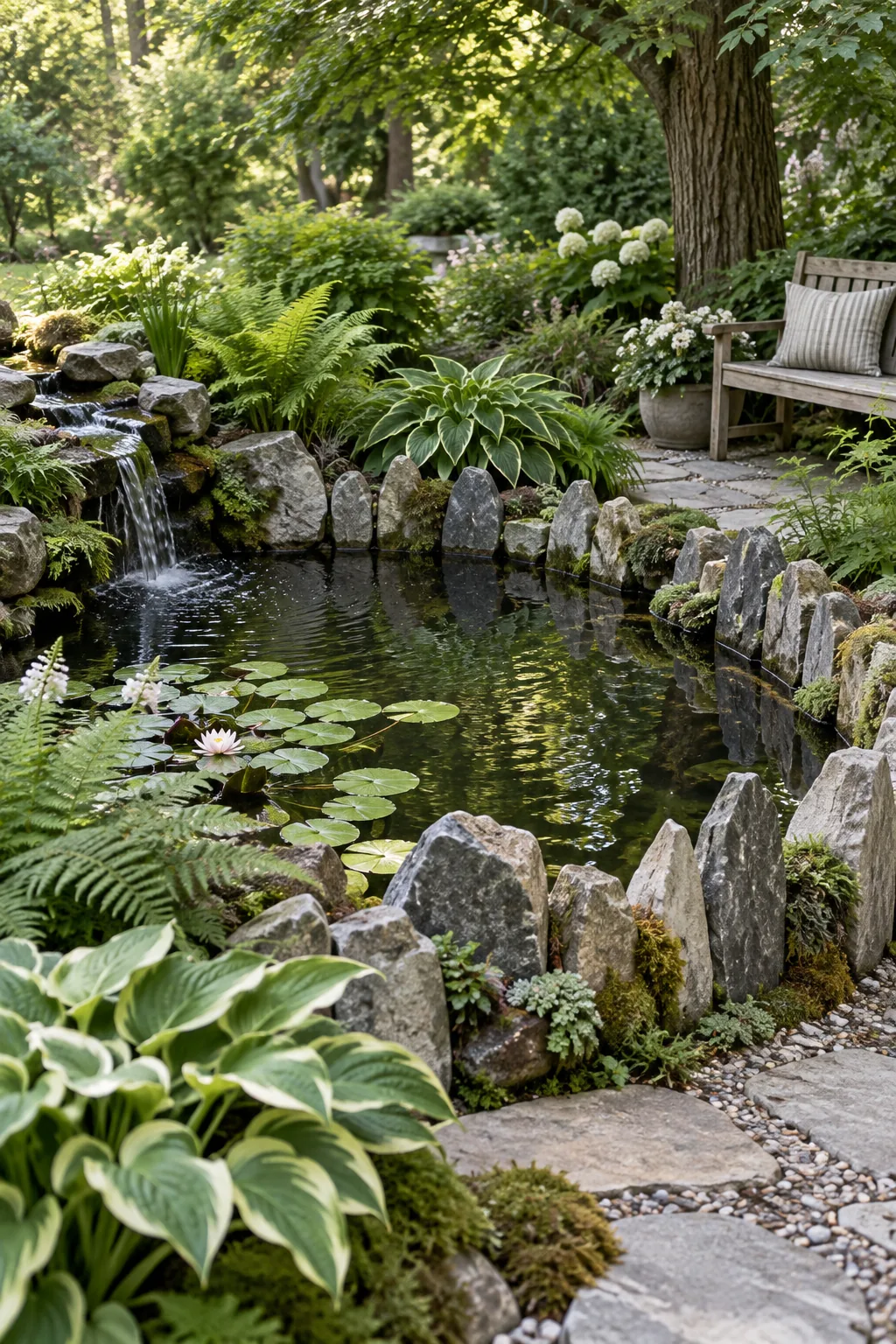 Large flat river rocks standing upright in a row to edge a garden