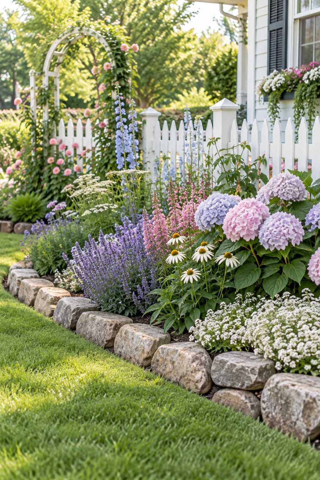 A cottage-style front yard with pastel flowers and a rustic stone border.