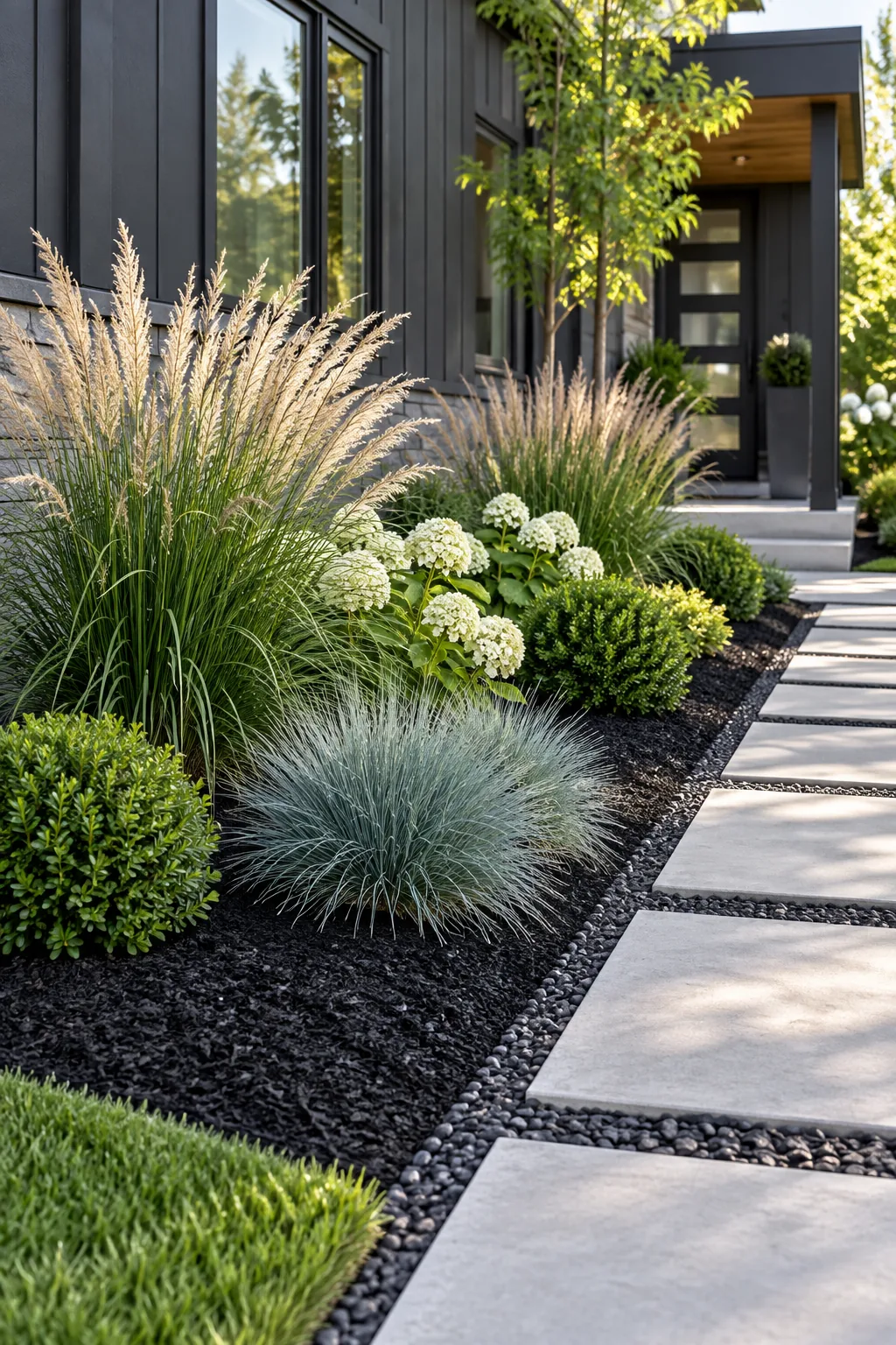 A modern front yard with ornamental grasses, black mulch, and concrete pavers.