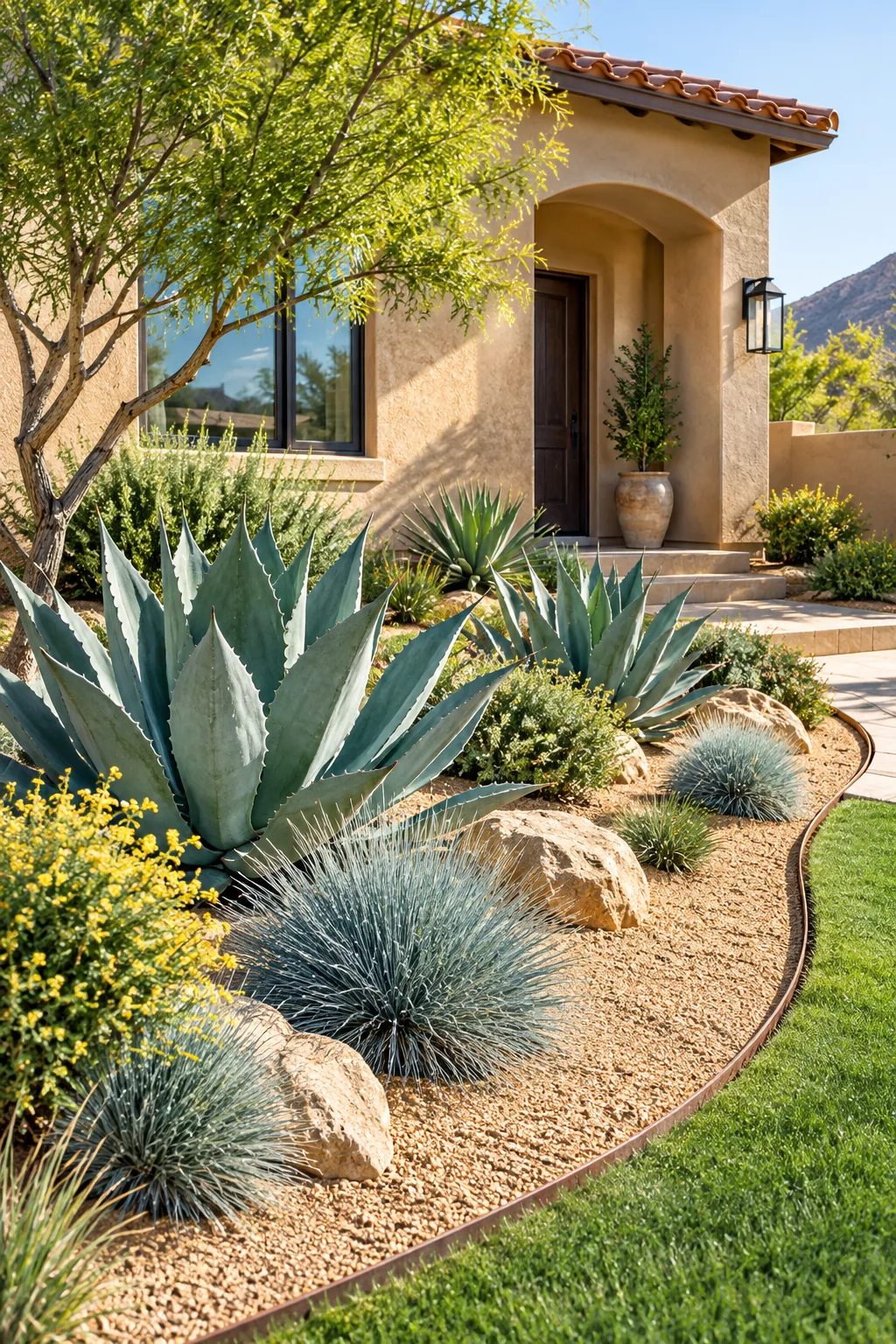A desert-style front yard with agave plants and decomposed granite.