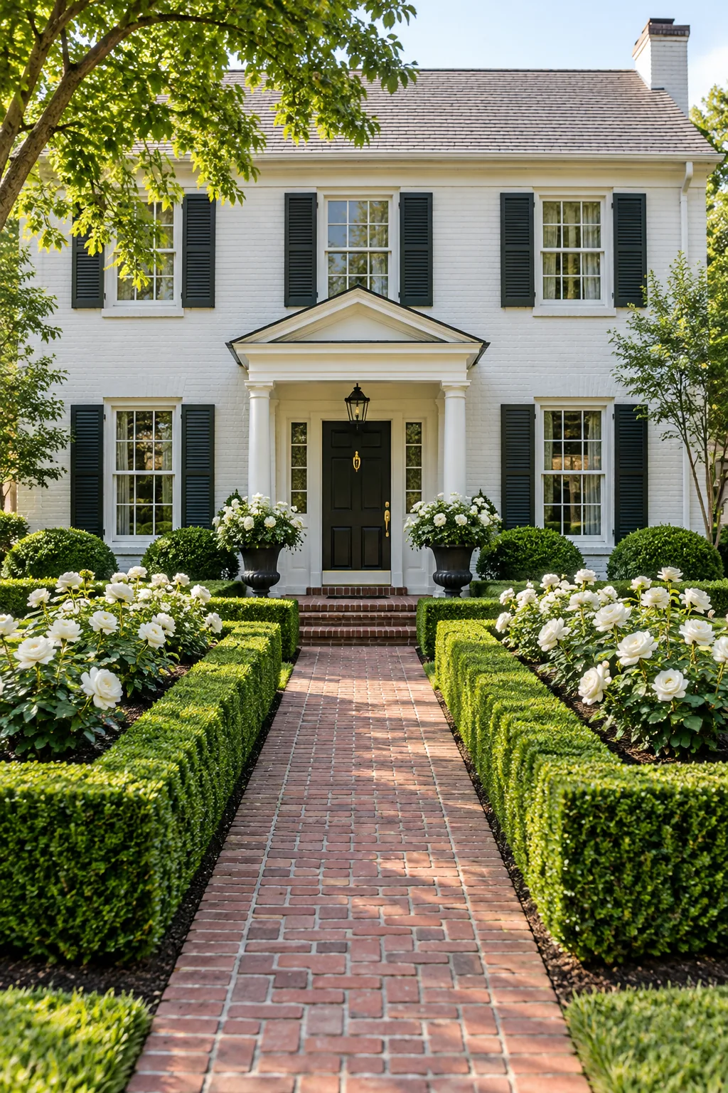 A formal front yard with symmetrical boxwood hedges and white roses along a brick path.