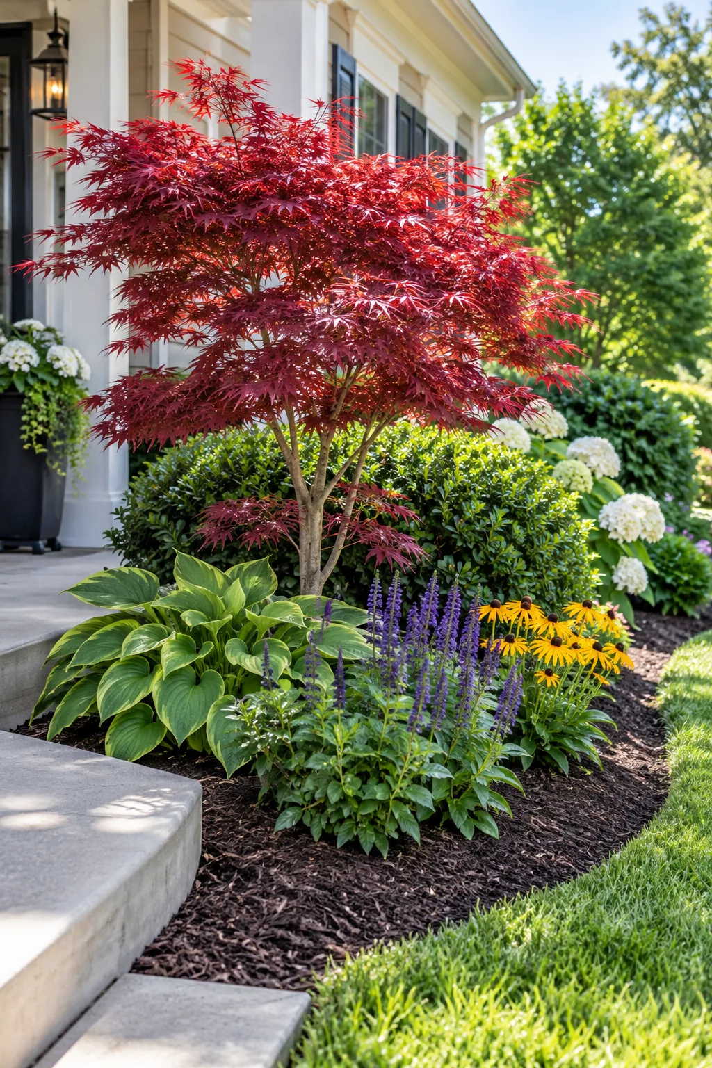 A clear gap of brown mulch between light house siding and a row of green hydrangeas.