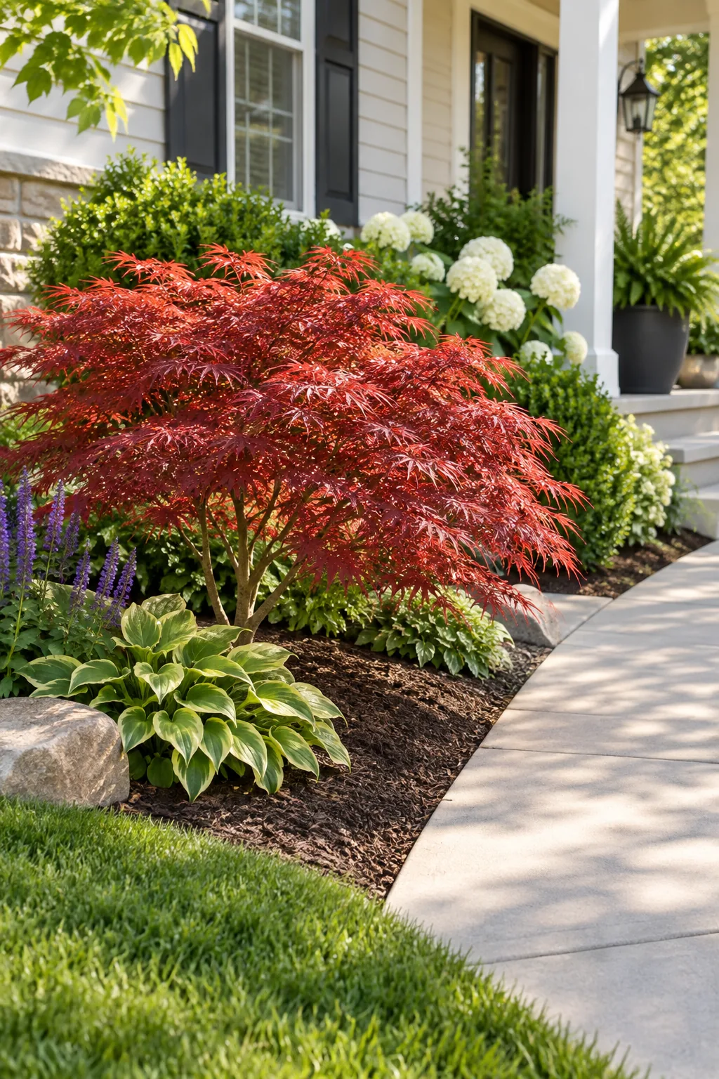 A red dwarf Japanese maple planted next to a concrete walkway with green shrubs in the background.